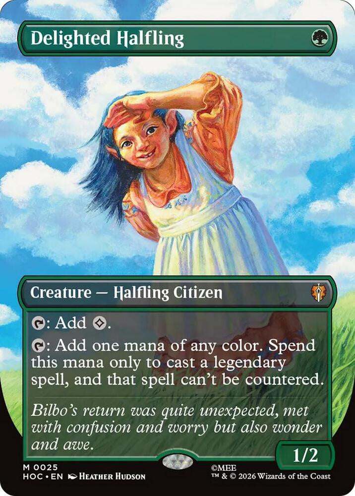 Delighted Halfling Borderless #25 from The Hobbit: Eternal-Legal (HOC) Near Mint Mythic Rare Magic: The Gathering Halfling Citizen.