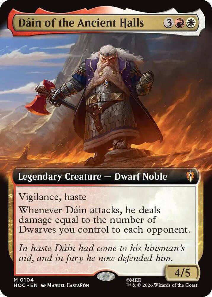 Dáin of the Ancient Halls #104 Extended Art Mythic Rare from Magic the Gathering The Hobbit Eternal-Legal HOC, Near Mint Dwarf Noble Commander card.