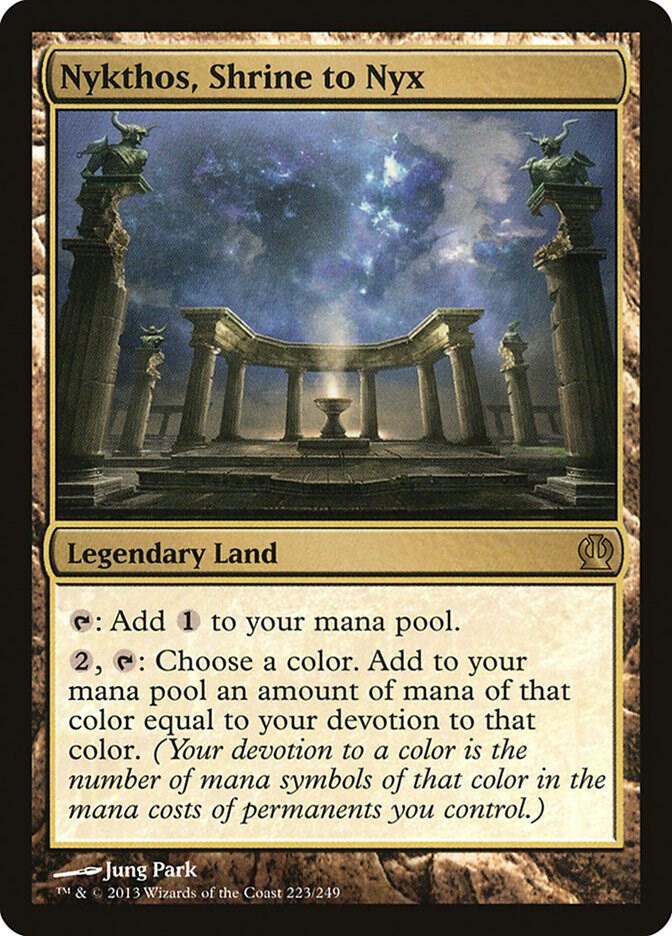 Nykthos, Shrine to Nyx card from Theros (THS), Magic: The Gathering, featuring legendary land artwork and collectible design.