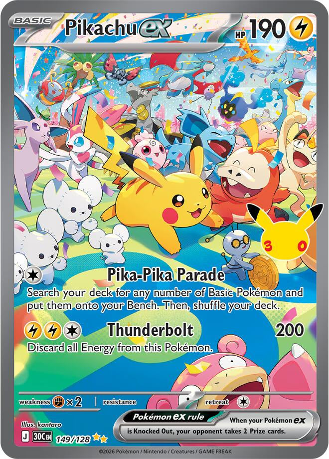 2026 Pokémon 30th Anniversary Celebration Pikachu ex 149/128 Special Illustration Rare Full Art holographic trading card in Near Mint condition.