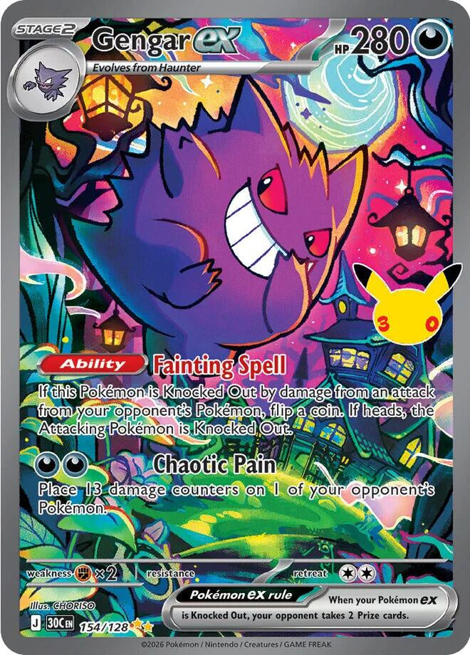 2026 Pokémon 30th Celebration Gengar ex 154/128 Special Illustration Rare holo card.