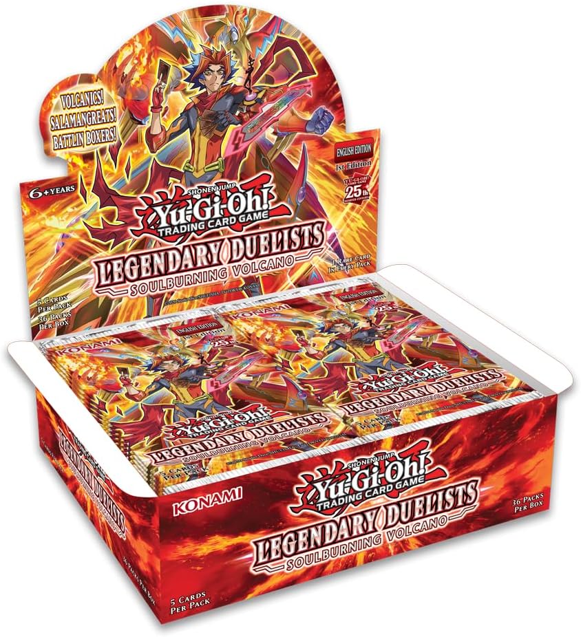 Sealed Yugioh Soulburning Volcano Booster Box containing 36 booster packs featuring Salamangreat, Volcanic and Battlin' Boxer support.