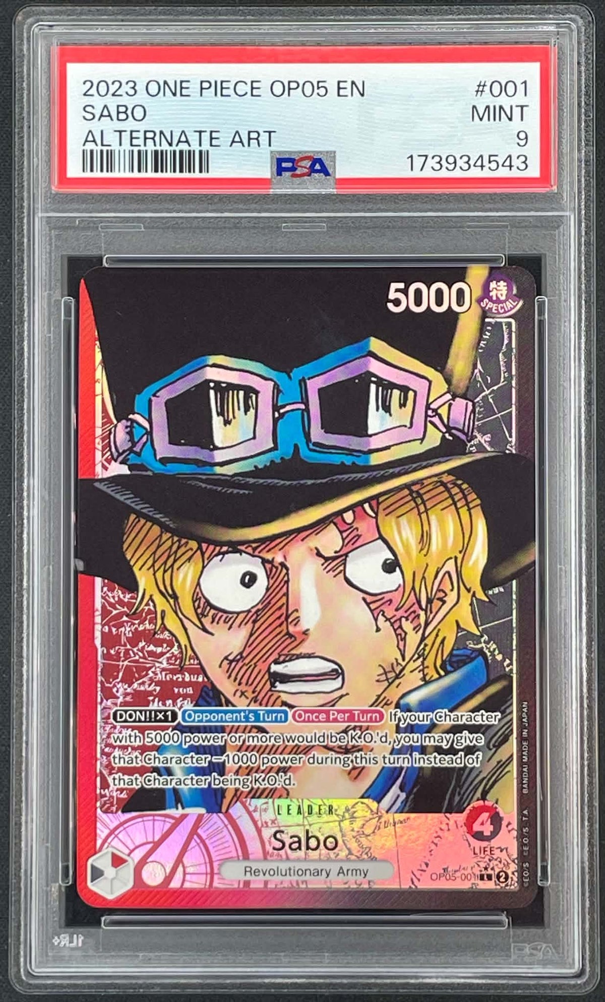 Sabo OP05-001 Alternate Art Awakening of the New Era One Piece Card Game card graded PSA 9 Mint