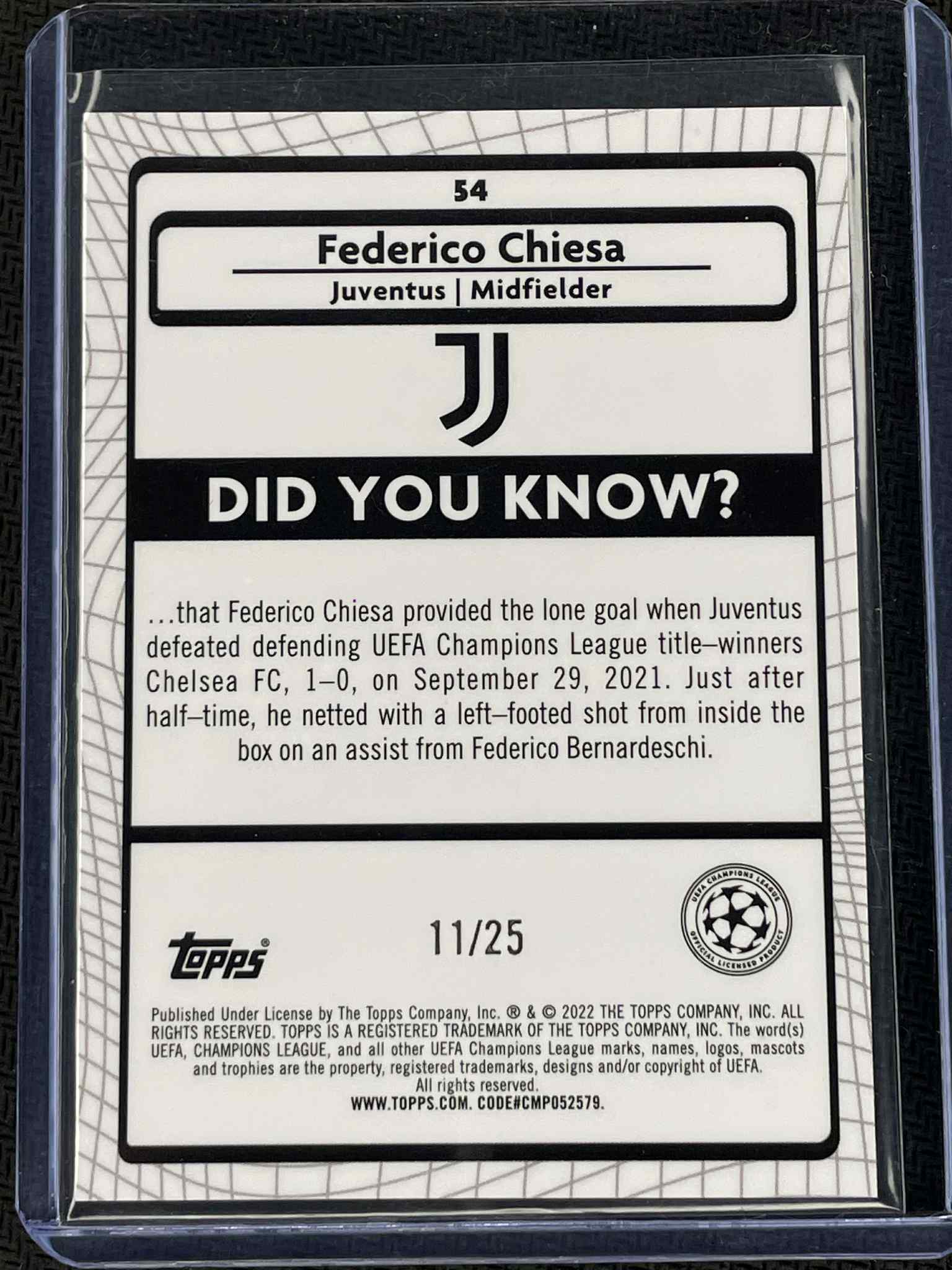 Card featuring Federico Chiesa of Juventus with 'Did You Know?' text and Topps branding.