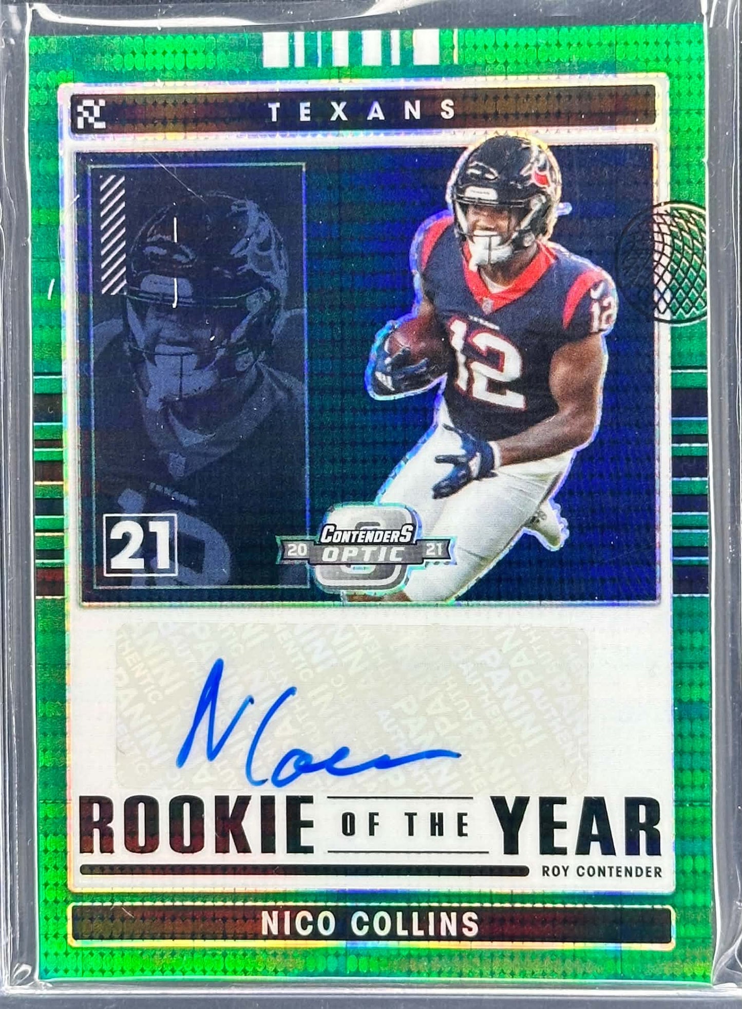 Nico Collins 2021 Panini Contenders Optic Green Rookie Auto numbered to 25 Houston Texans football card