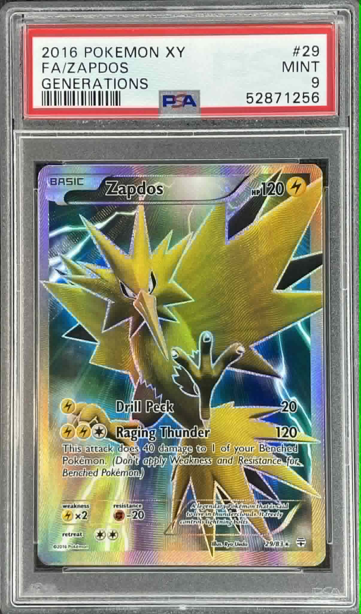 Zapdos 29/83 Generations Holo Rare PSA 9 Mint graded Pokémon trading card.
