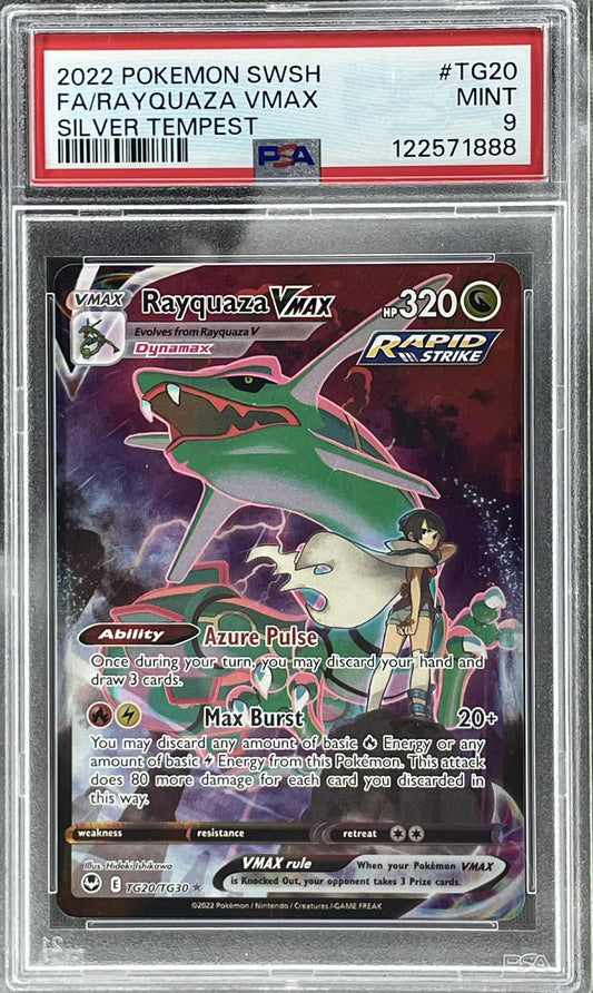 Rayquaza VMAX TG20/TG30 from Pokémon SWSH Silver Tempest, graded PSA 9, featuring collectible Secret Rare artwork.