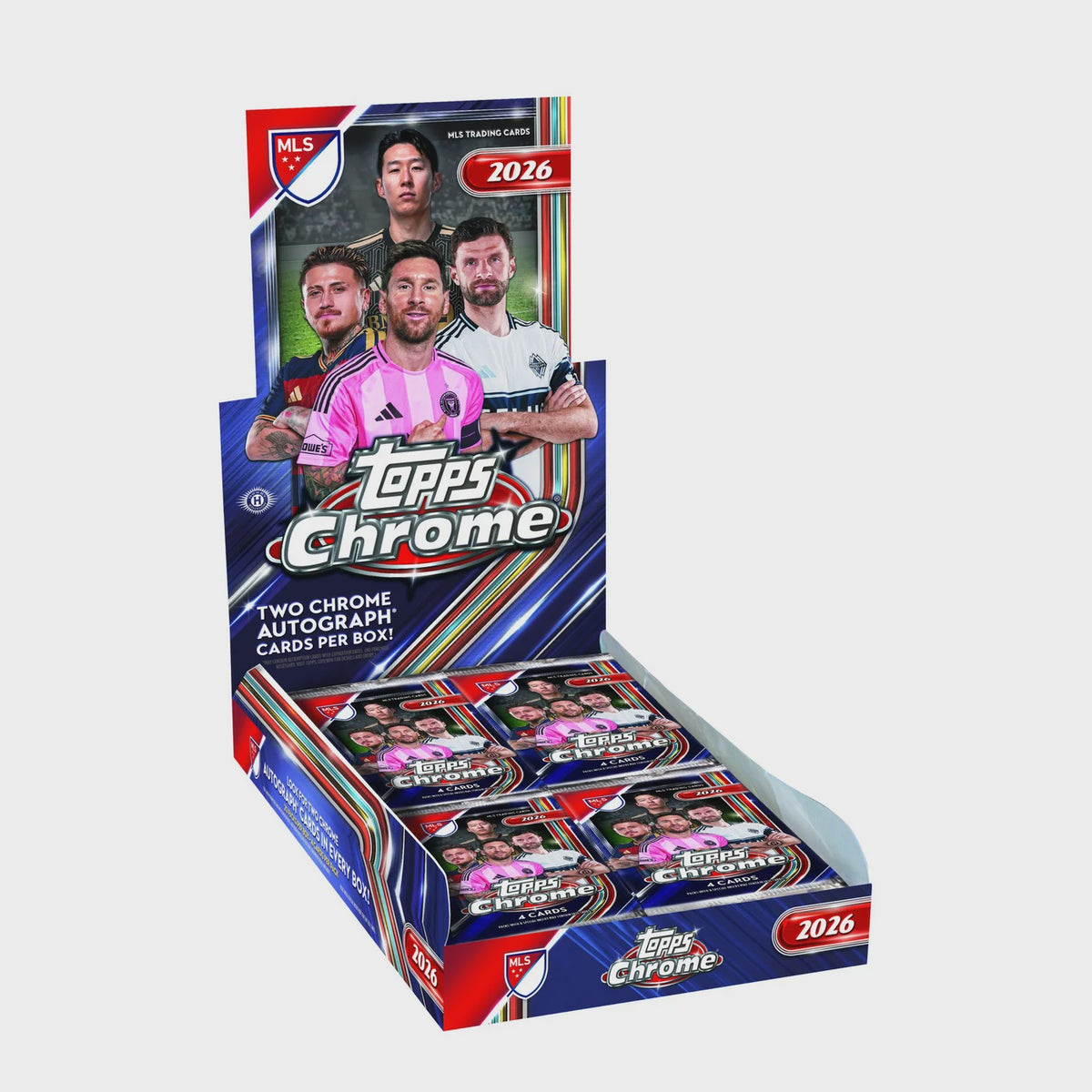 2026 Topps Chrome MLS Soccer Hobby Box with 20 packs, 80 cards and two Chrome autograph cards per box.