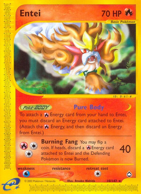 2003 Pokémon Entei 10/147 Aquapolis Rare Non Holo English E-Series card in Very Lightly Played condition.