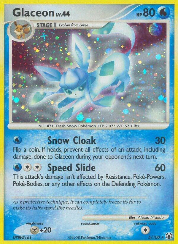 2008 Pokémon Glaceon 5/100 Majestic Dawn Holo Rare English trading card in Near Mint condition.