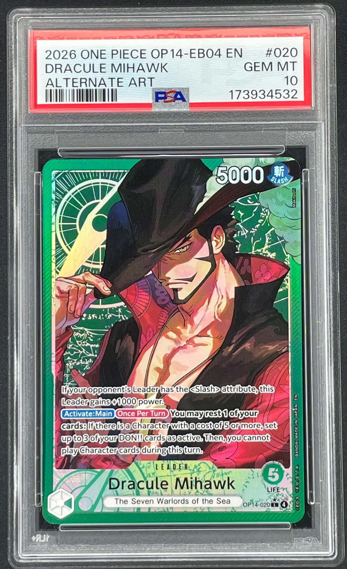 Dracule Mihawk OP14-020 Alternate Art The Azure Sea’s Seven One Piece Card Game Leader graded PSA 10 Gem Mint