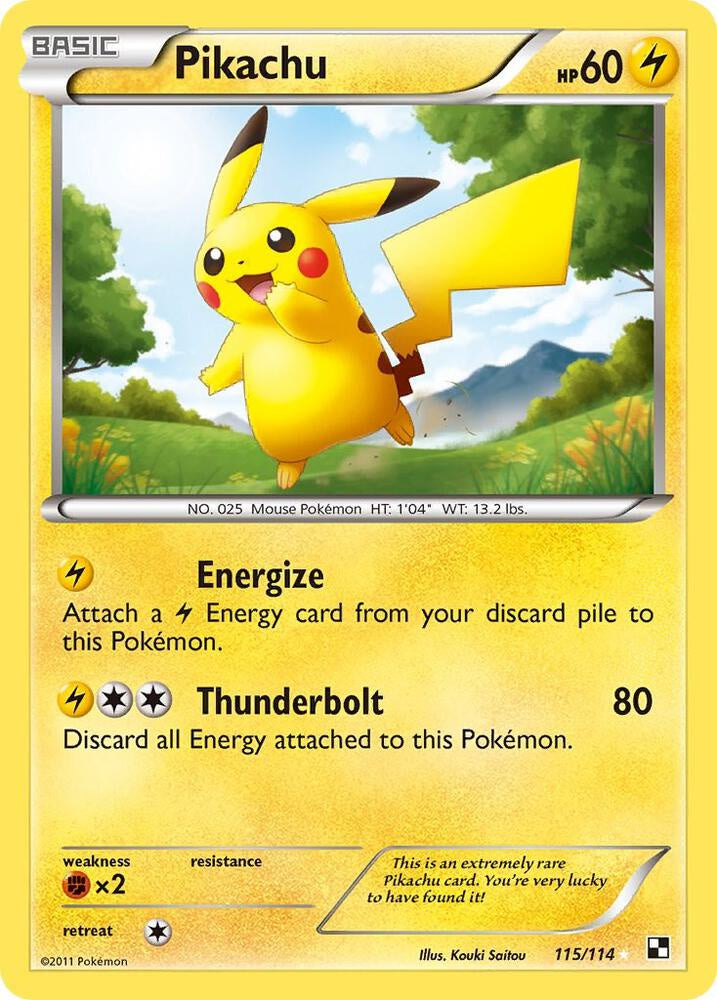 2011 Pokémon Pikachu 115/114 Black & White Secret Rare Holo English card in Lightly Played/Moderately Played condition.