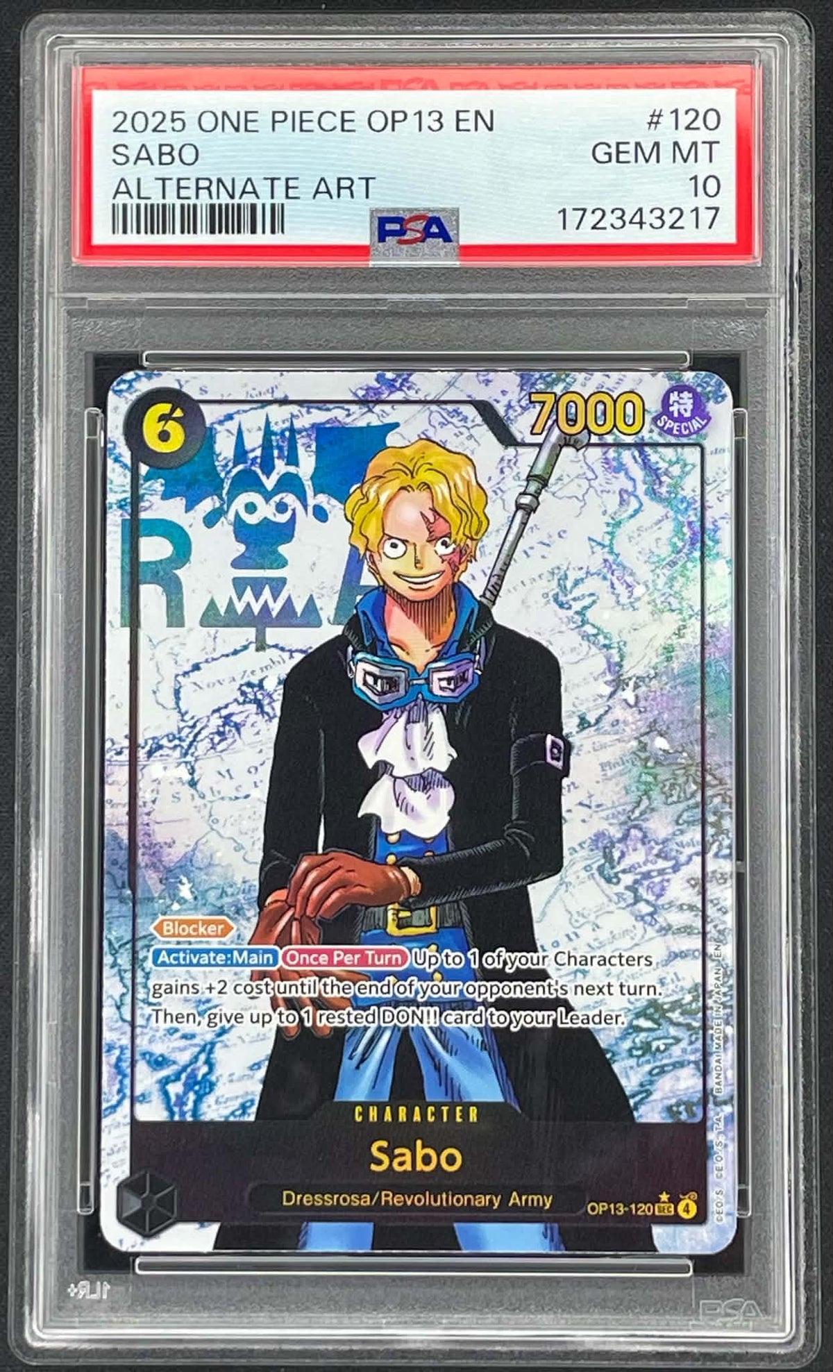 Sabo OP13-120 Parallel Secret Rare Carrying On His Will One Piece Card Game card graded PSA 10 Gem Mint