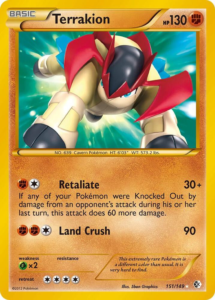 2012 Pokémon Terrakion 151/149 Boundaries Crossed Secret Rare Shiny Holo English trading card in Lightly Played condition.