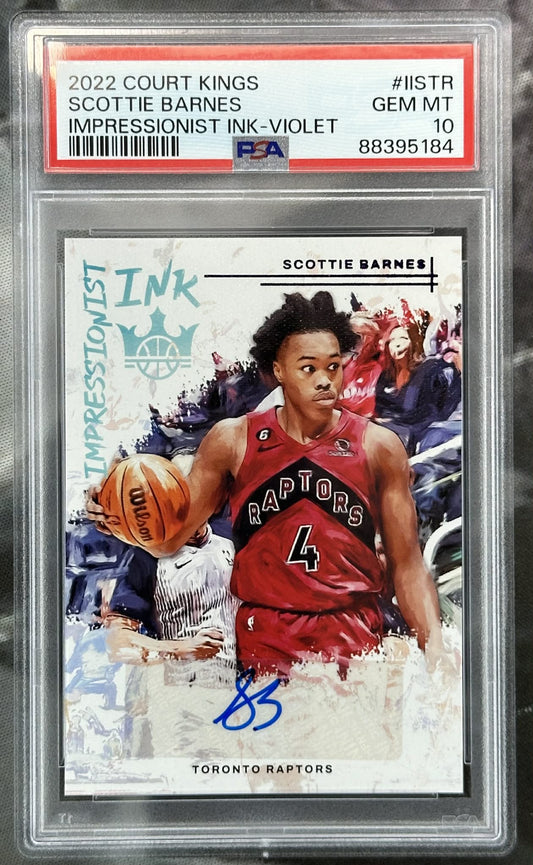 2022 Panini Court Kings Scottie Barnes Impressionist Ink Violet #IISTR PSA 10 Gem Mint autographed basketball card