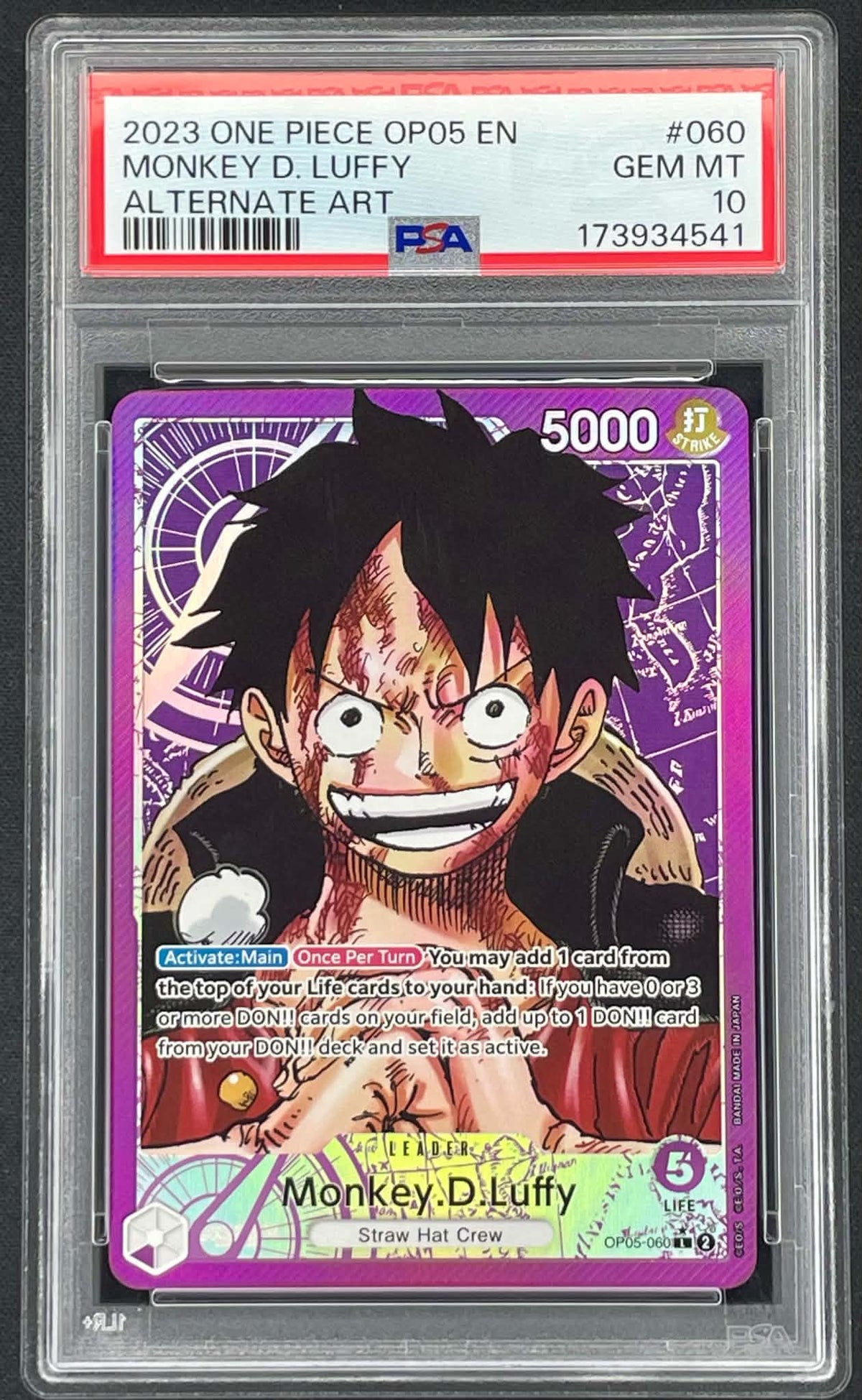 Monkey D Luffy OP05-060 Alternate Art Awakening of the New Era One Piece Card Game Leader graded PSA 10 Gem Mint