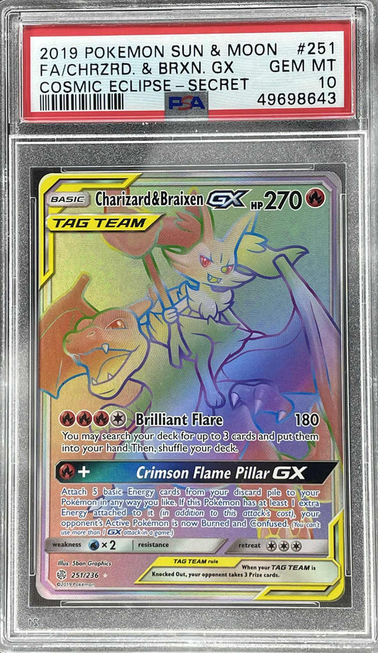 Charizard & Braixen GX Secret Rare 251/236 Pokémon Sun & Moon card, PSA 10 Gem Mint, featuring full-art Tag Team artwork.