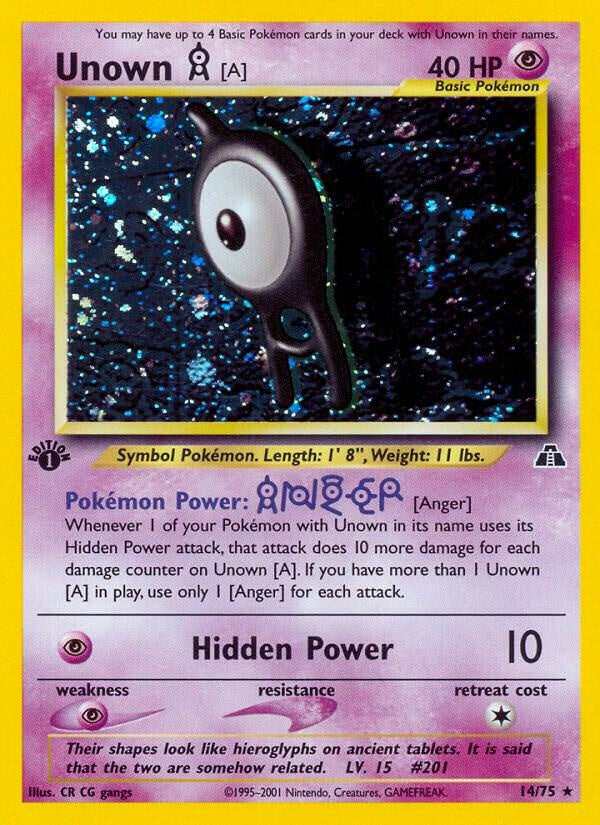 2001 Pokémon Neo Discovery Unown A Holo Rare 14/75 1st Edition Wizards of the Coast card.