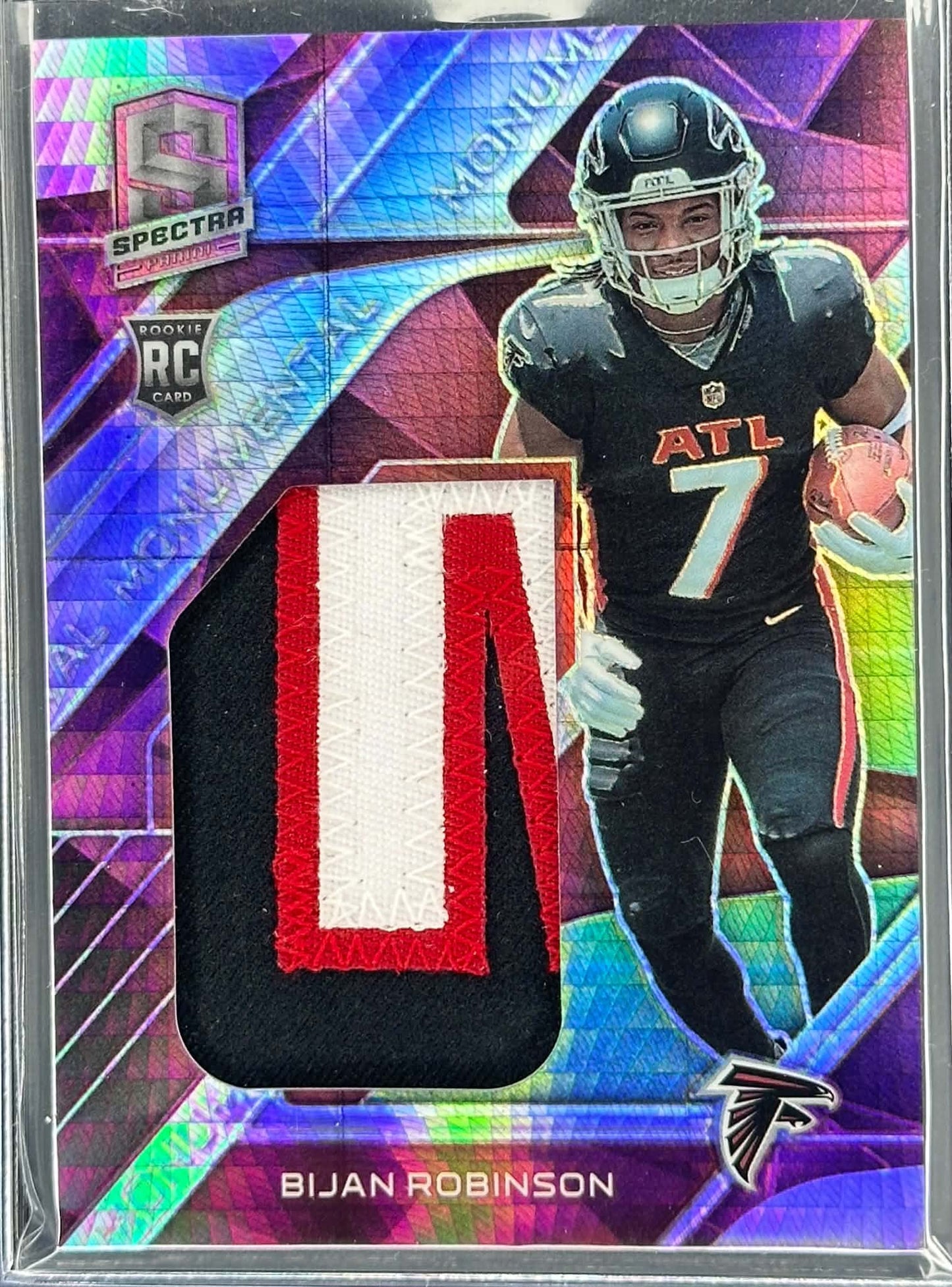 Bijan Robinson 2023 Panini Spectra Monumental Rookie Patch serial numbered 1 of 15 Atlanta Falcons football card