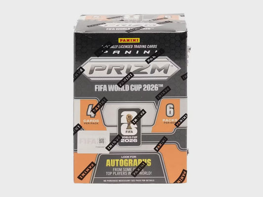 2026 Panini Prizm FIFA World Cup Soccer Blaster Box factory sealed with 6 packs and exclusive Prizm trading cards.