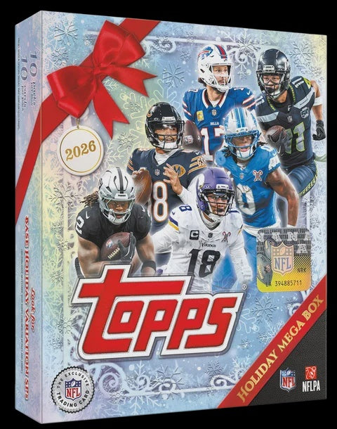 2026 Topps Holiday Football Mega Box containing 10 packs of 10 NFL trading cards featuring festive parallels, 2026 rookie cards and holiday-themed inserts.