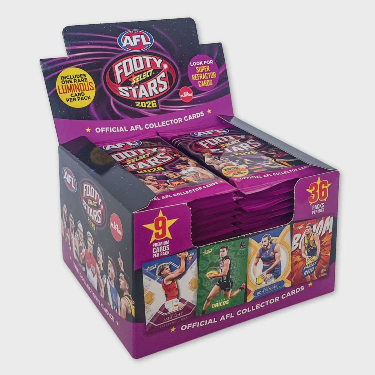 2026 AFL Footy Stars Booster Box factory sealed containing 36 trading card packs.