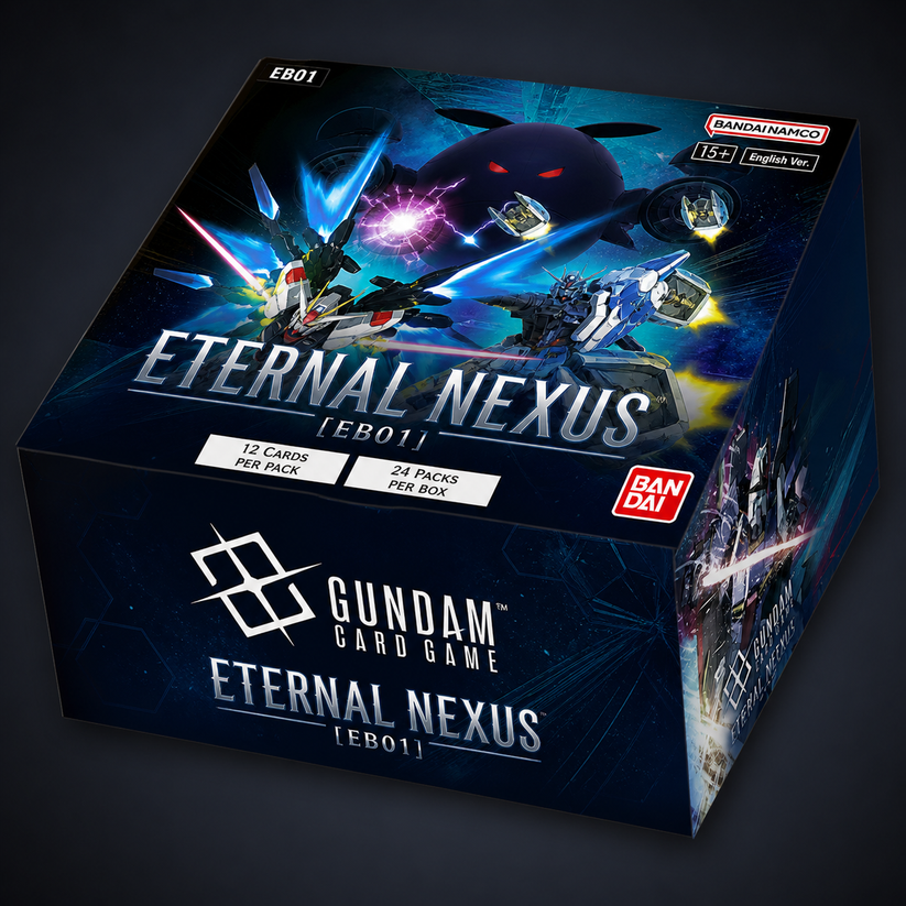 Gundam Card Game Eternal Nexus EB01 Extra Booster Pack factory sealed containing 12 trading cards.