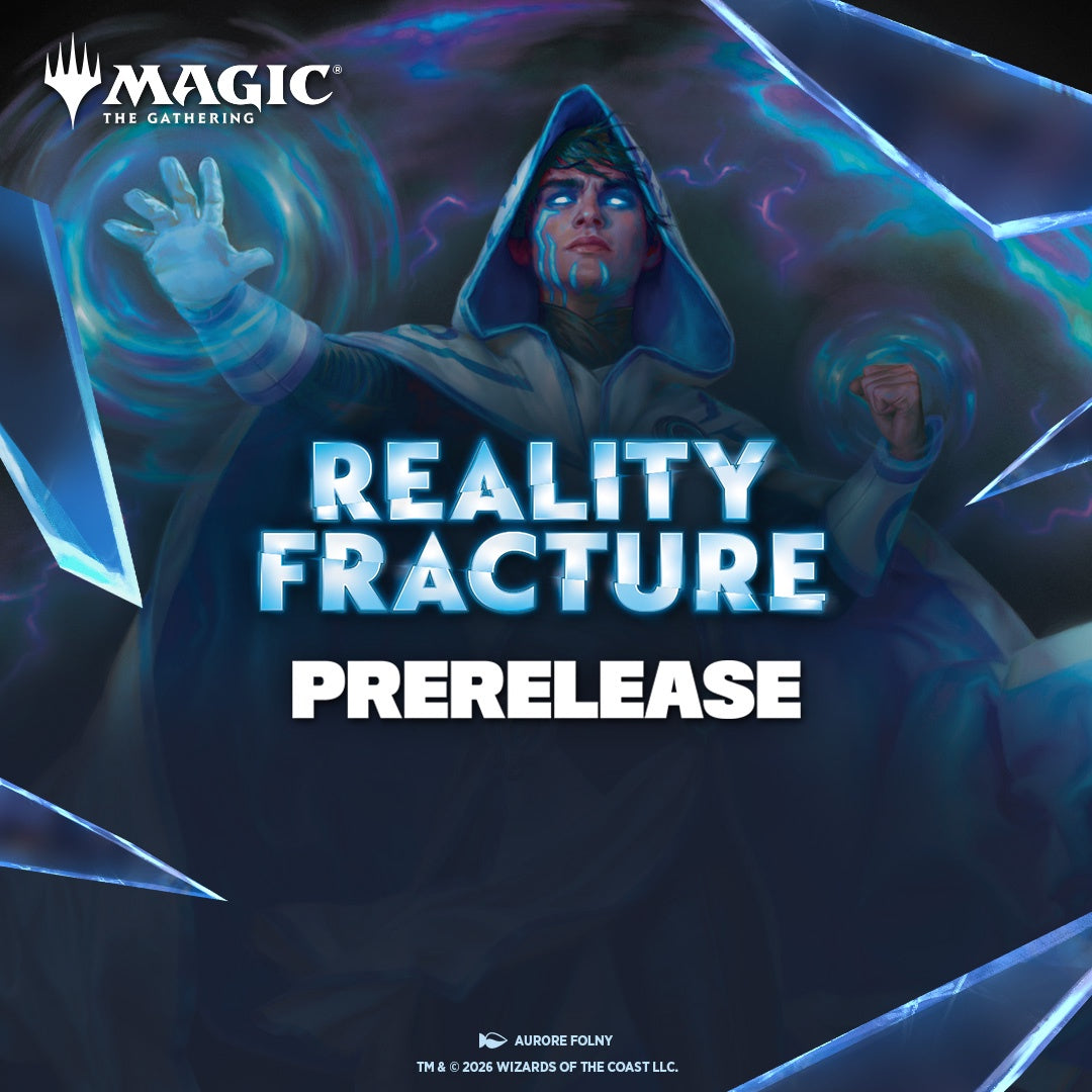 Promotional artwork for Magic: The Gathering's 'Reality Fracture Prerelease', featuring a hooded figure casting magic with glowing blue energy swirls and icy shards. The Magic logo is visible in the top left, and 'REALITY FRACTURE PRERELEASE' is written in large text across the center.