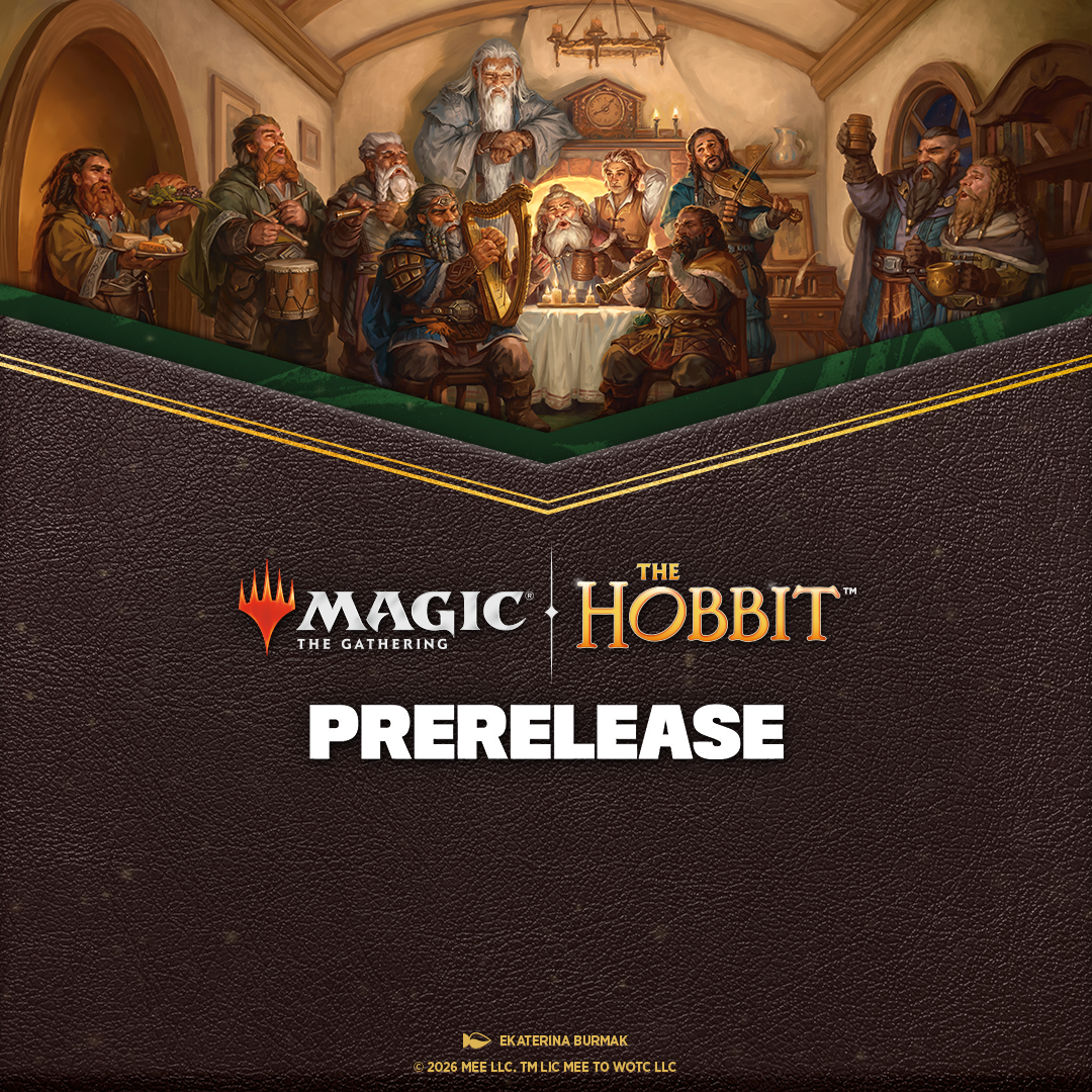 Promotional graphic for a Magic: The Gathering + The Hobbit prerelease, showing a large dark brown textured book cover with gold trim and the Magic logo, with a painted scene of hobbits and wizards above.