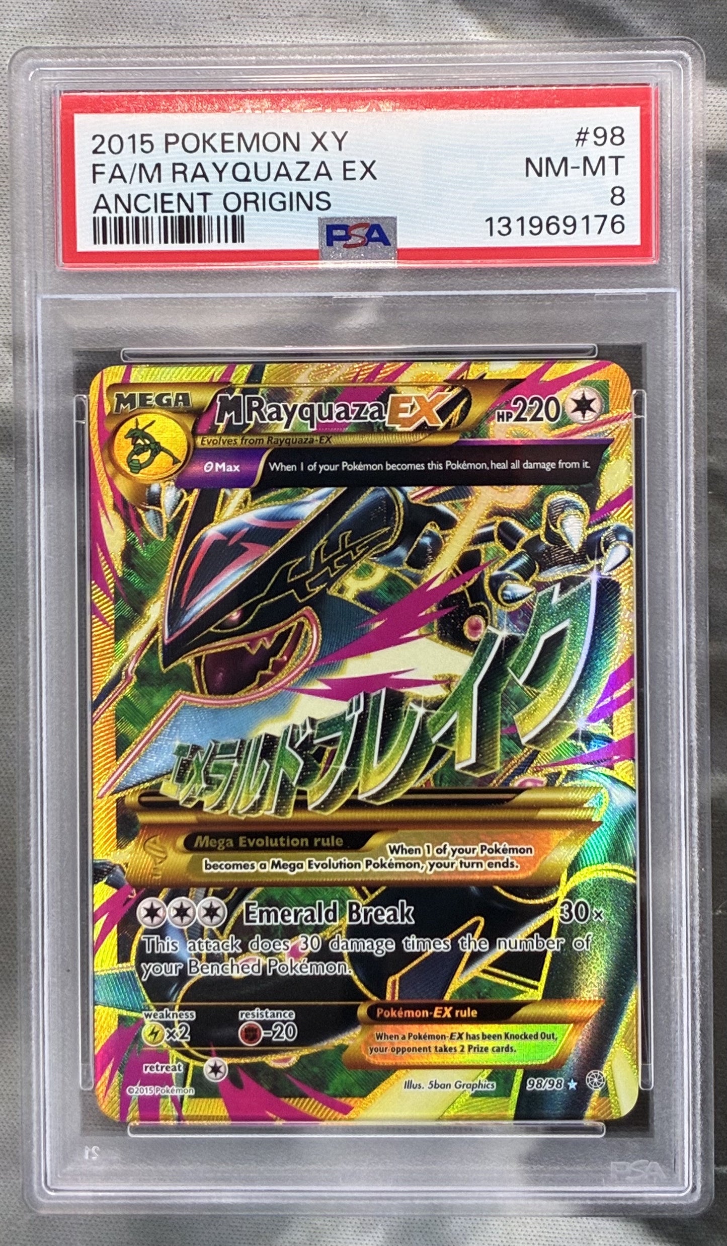 2015 Pokémon XY Ancient Origins M Rayquaza EX Full Art #98/98 – PSA 8 NM–MT