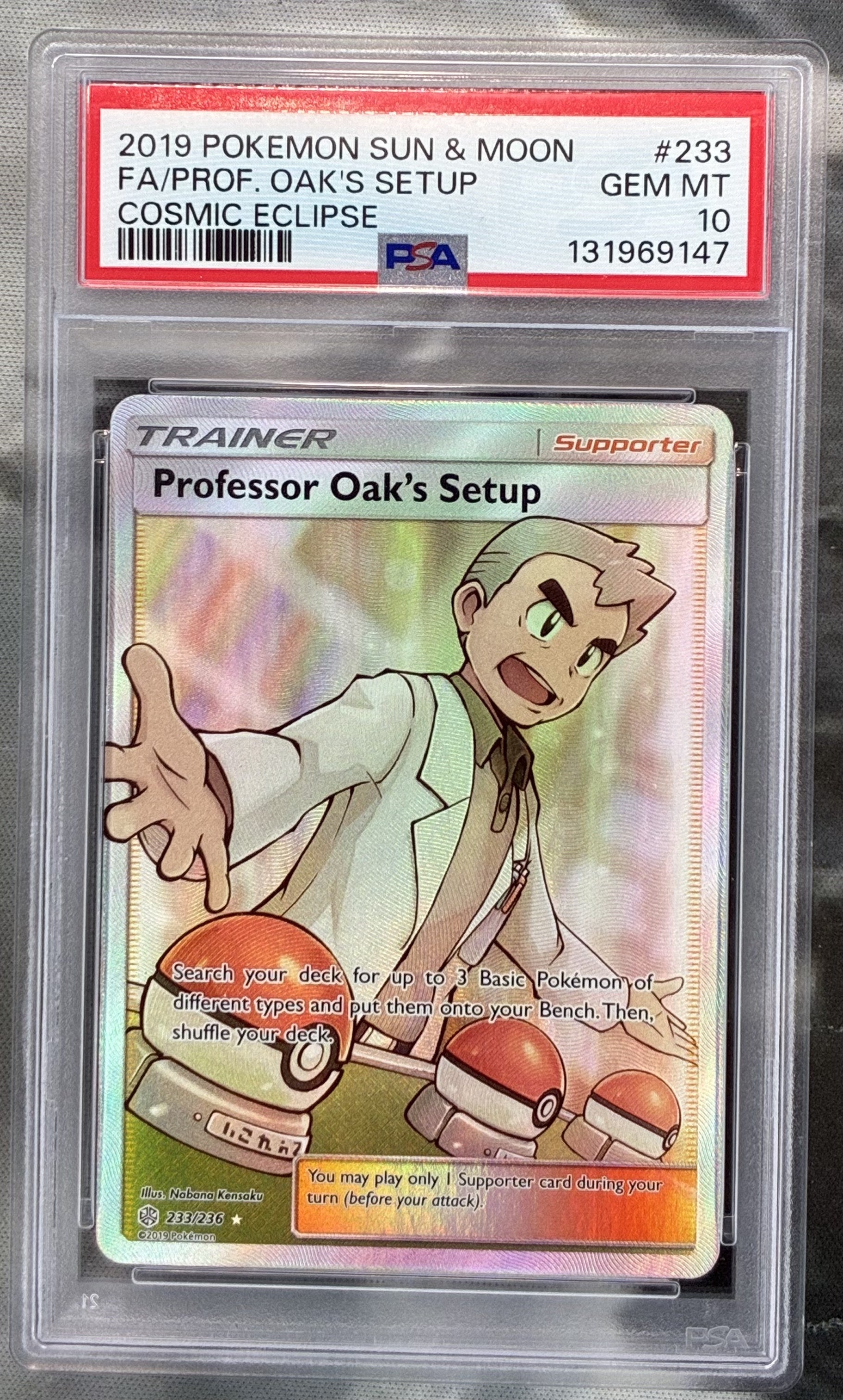 Professor Oak’s Setup Full Art Trainer #233/236 SM Cosmic Eclipse PSA 10 Gem Mint