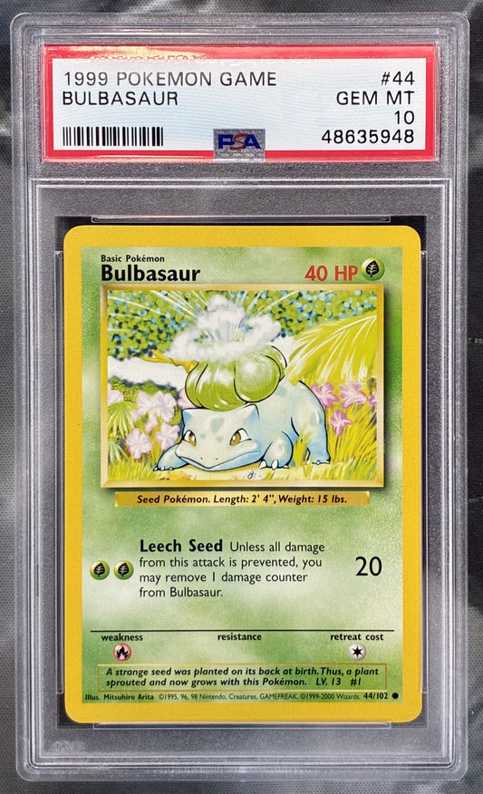 1999 Pokémon Base Set Bulbasaur Unlimited 44/102 PSA 10 Gem Mint