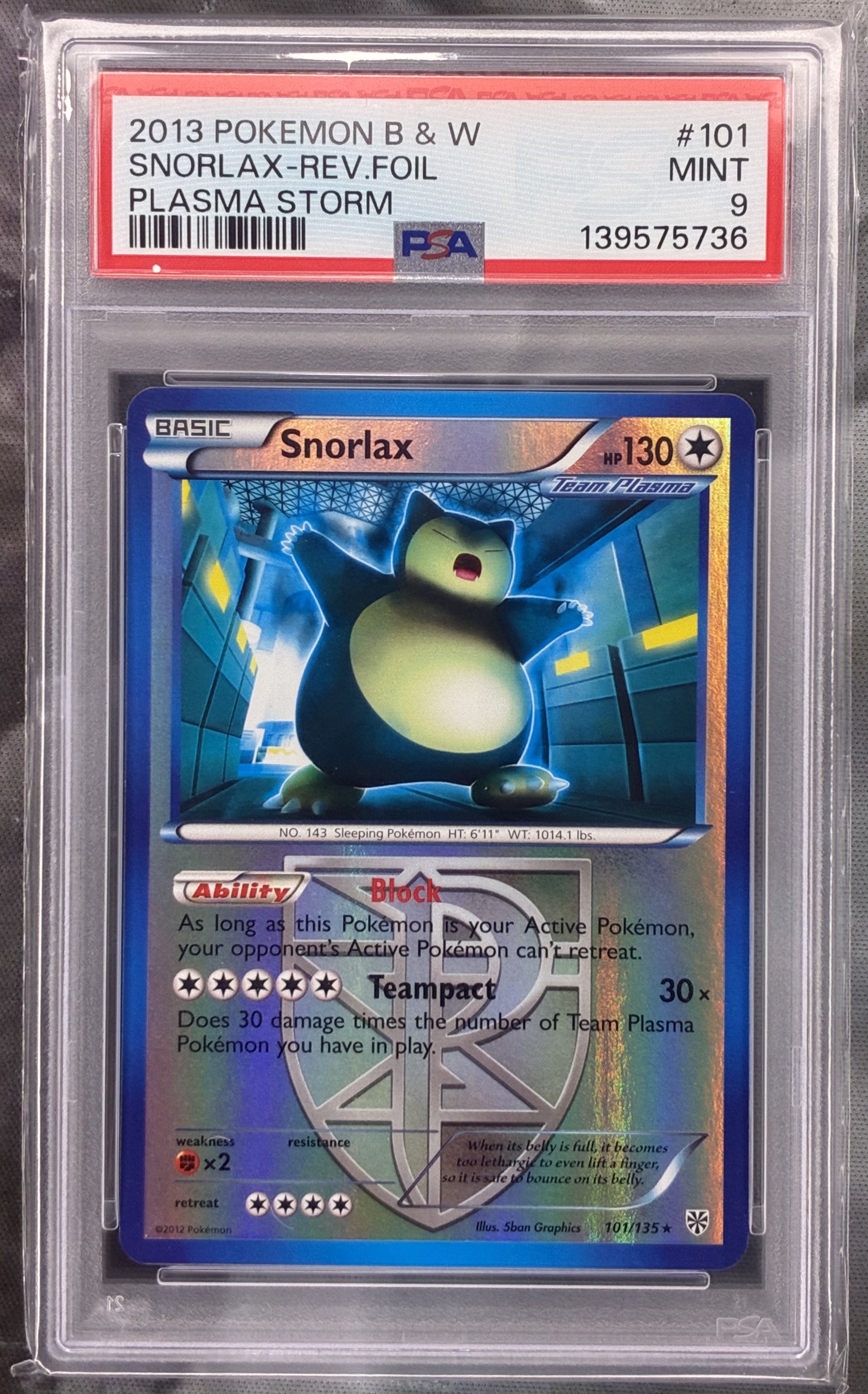 Pokémon Snorlax Reverse Holo 101/135 Black & White Plasma Storm PSA 9 Mint