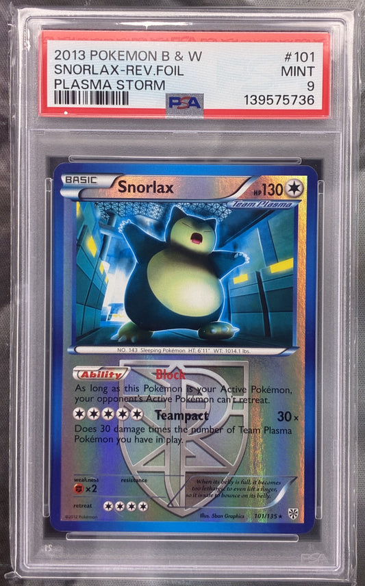 Pokémon Snorlax Reverse Holo 101/135 Black & White Plasma Storm PSA 9 Mint