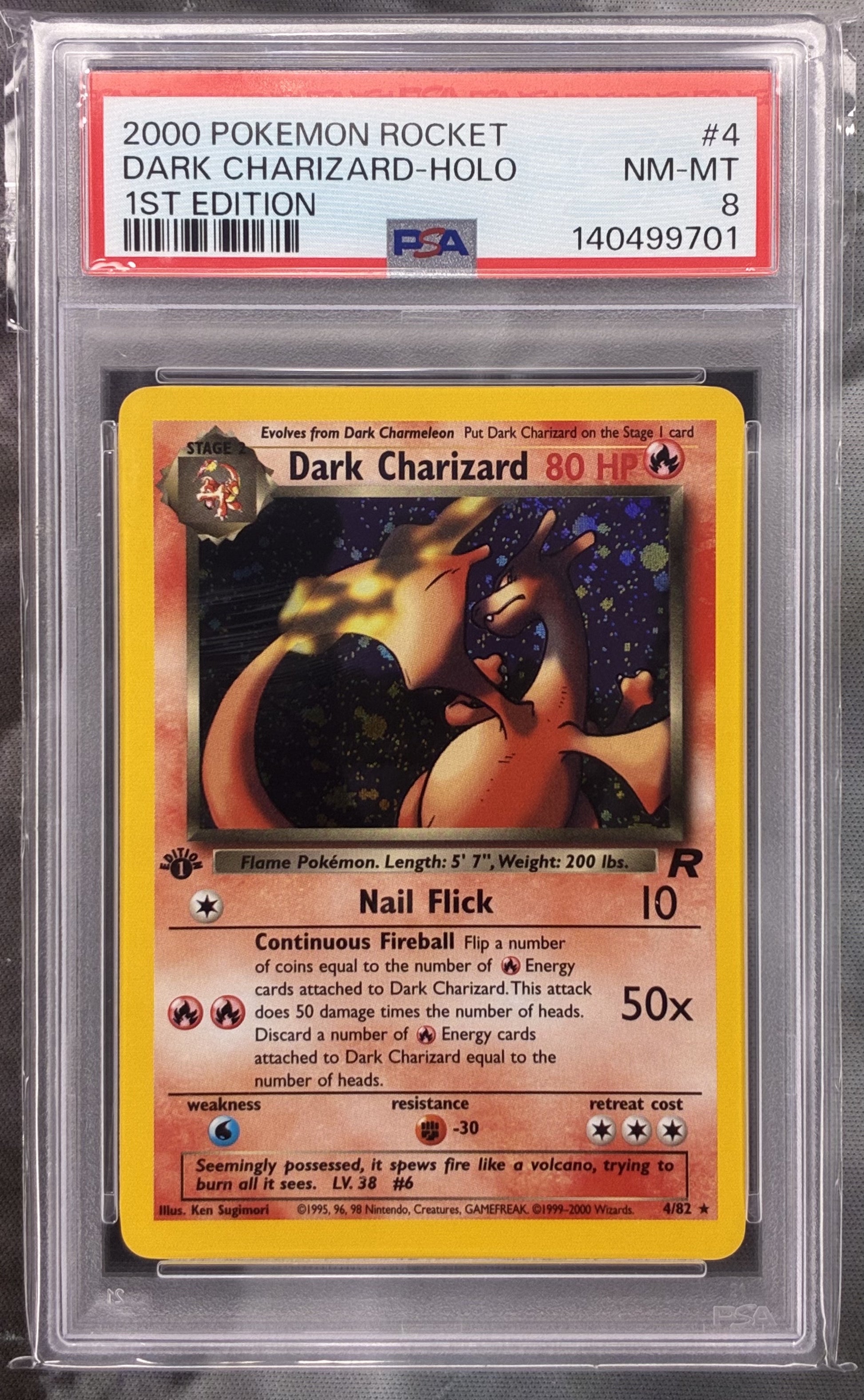 2000 Pokémon Team Rocket Dark Charizard 1st Edition Holo 4/82 PSA 8 Near Mint–Mint