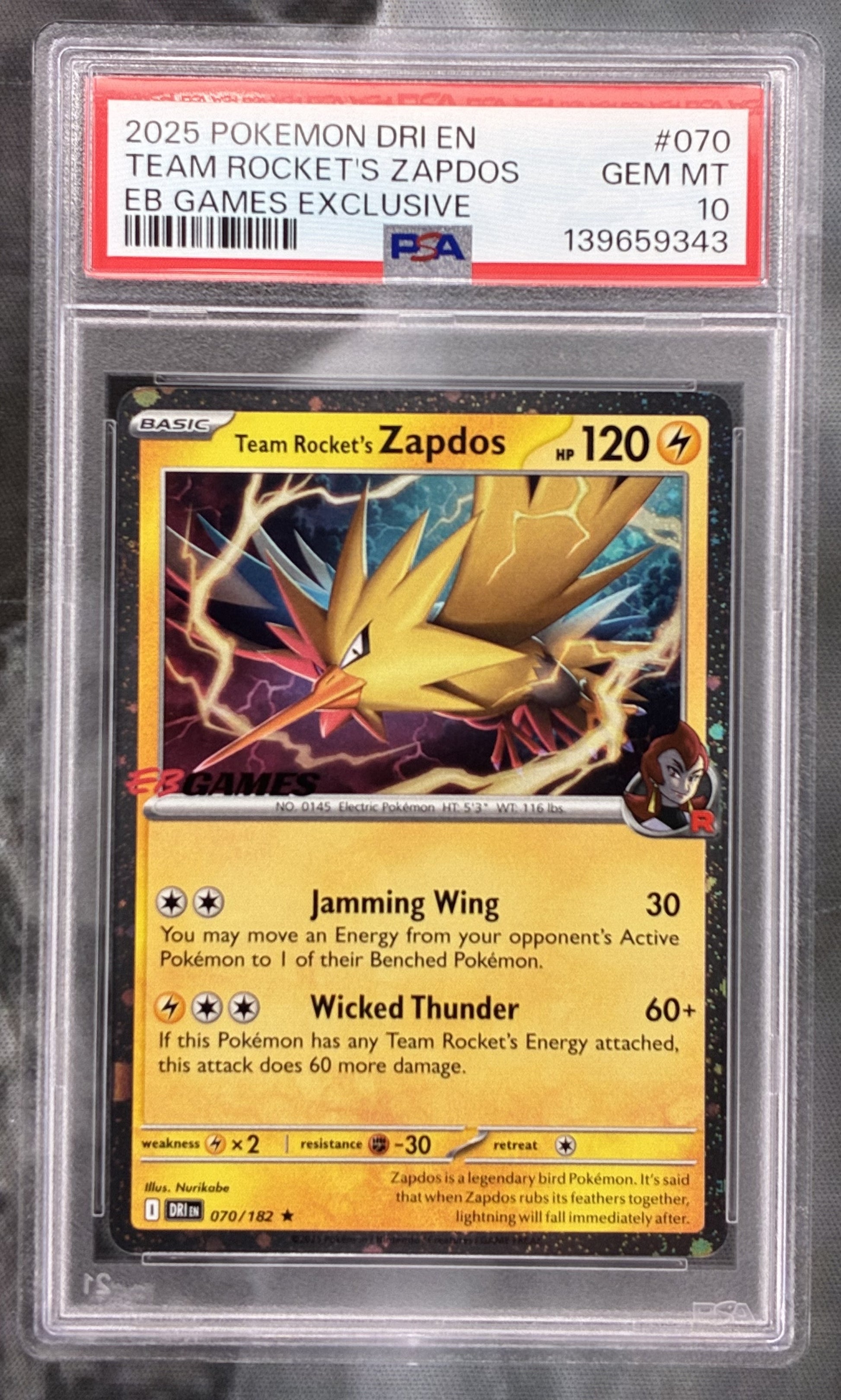 Pokémon Team Rocket’s Zapdos 070/182 Destined Rivals EB Games Promo PSA 10 Gem Mint