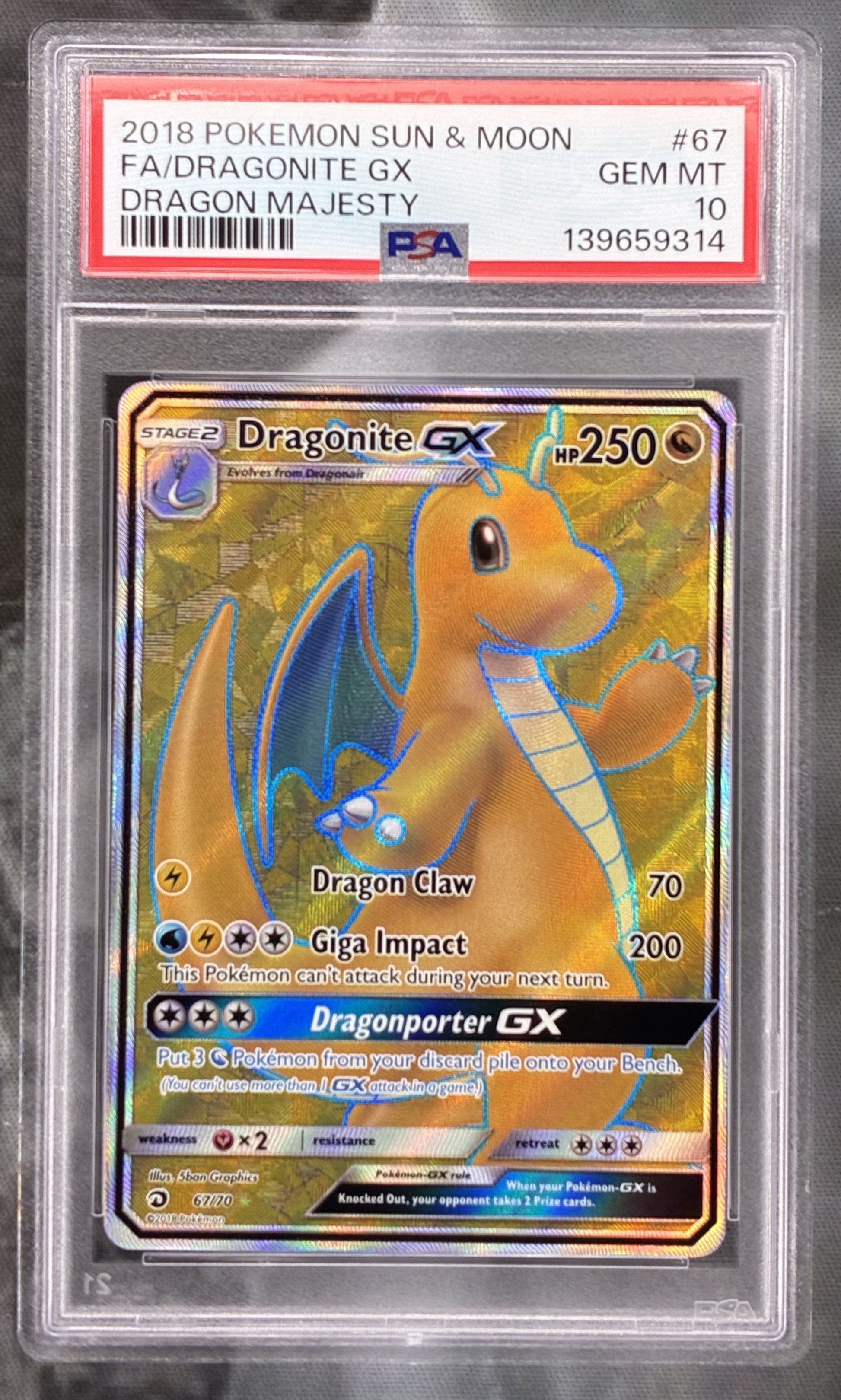 Pokémon Dragonite GX 67/70 Dragon Majesty Ultra Rare PSA 10 Gem Mint