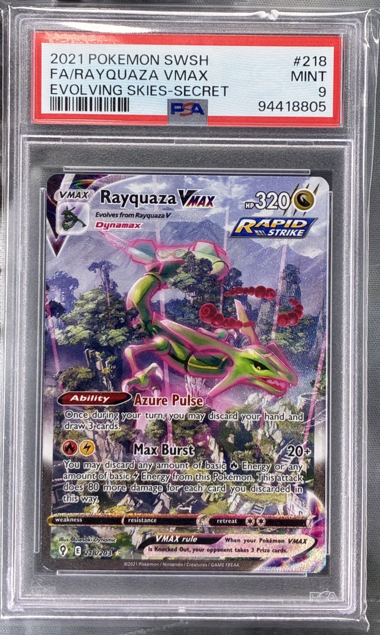 Pokémon Rayquaza VMAX Secret Rare 218/203 Evolving Skies PSA 9