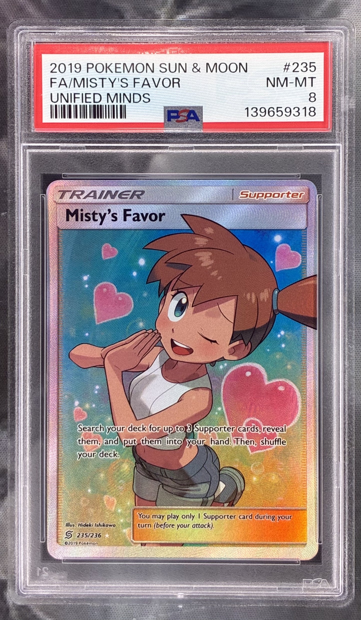Pokémon Misty’s Favor Full Art Ultra Rare 235/236 Unified Minds PSA 8