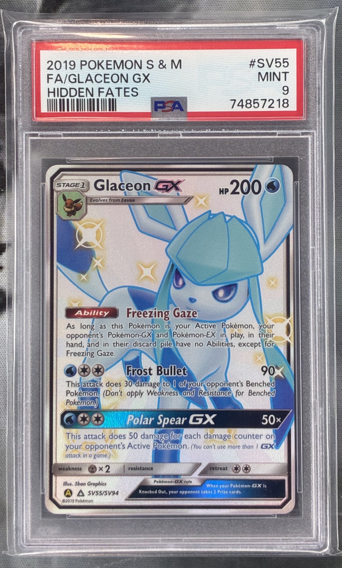 Pokémon Glaceon GX SV55/SV94 Hidden Fates Shiny Vault Holo PSA 9 Mint