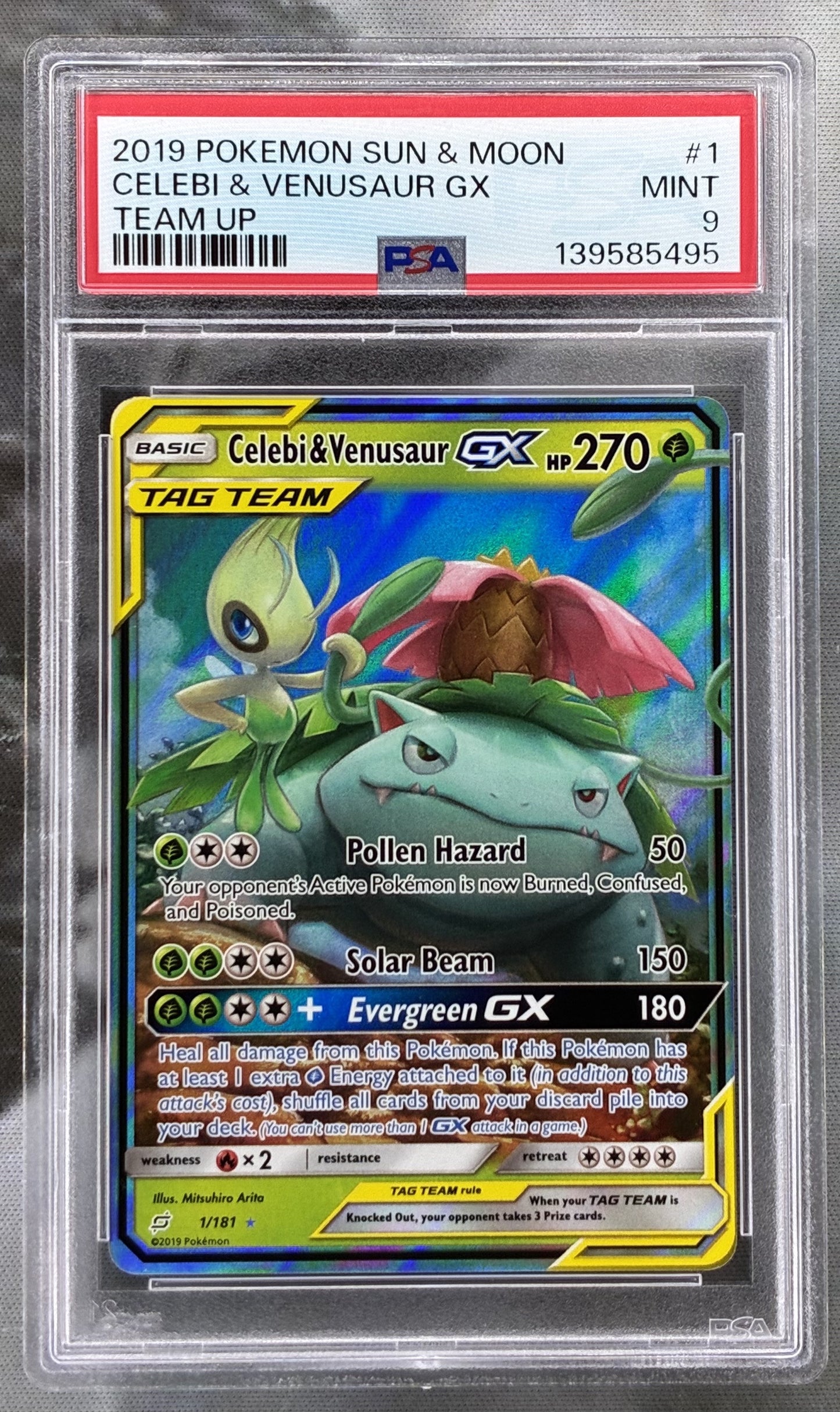 PSA 9 Celebi & Venusaur GX 1/181 Team Up 2019 Pokémon