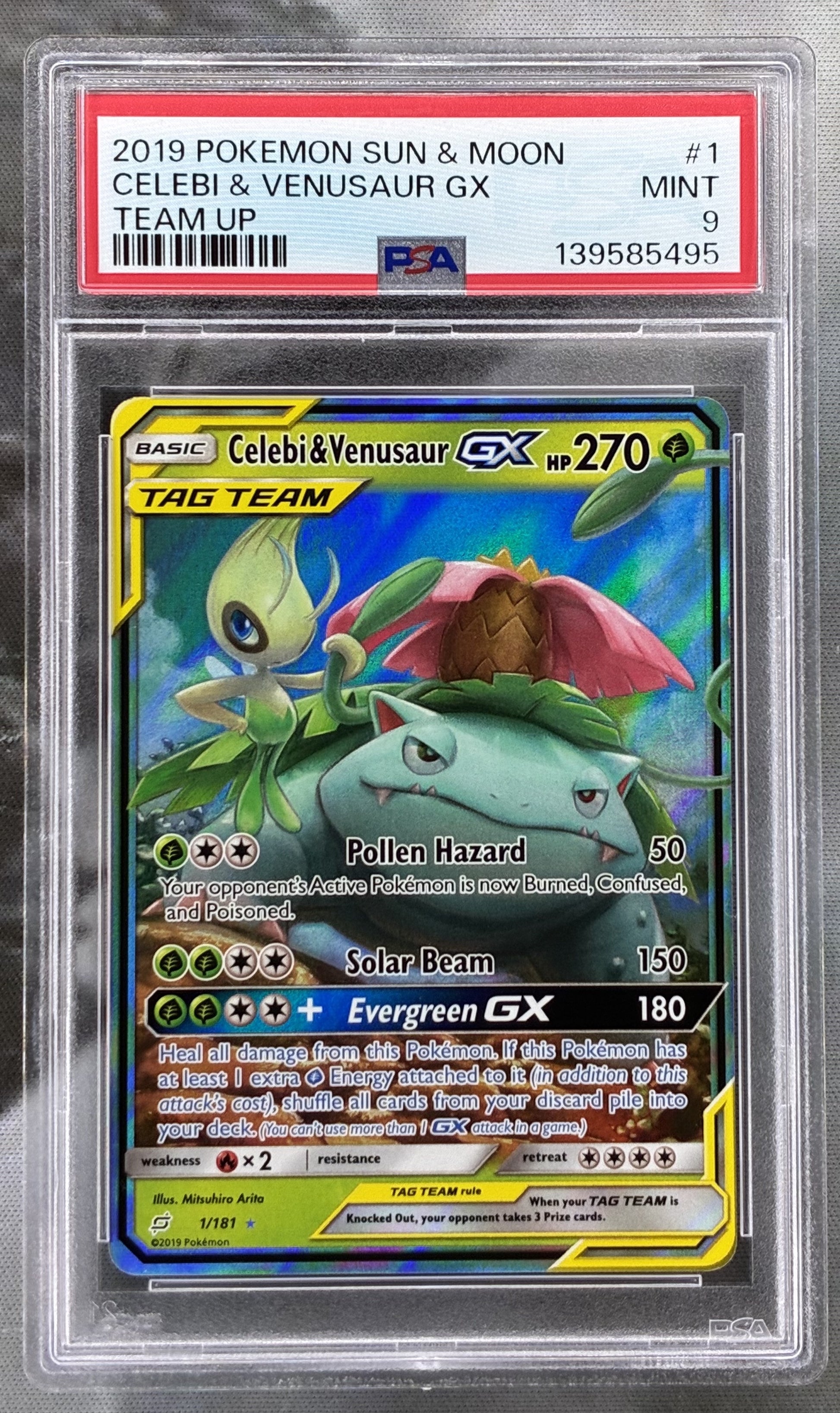 PSA 9 Celebi & Venusaur GX 1/181 Team Up 2019 Pokémon