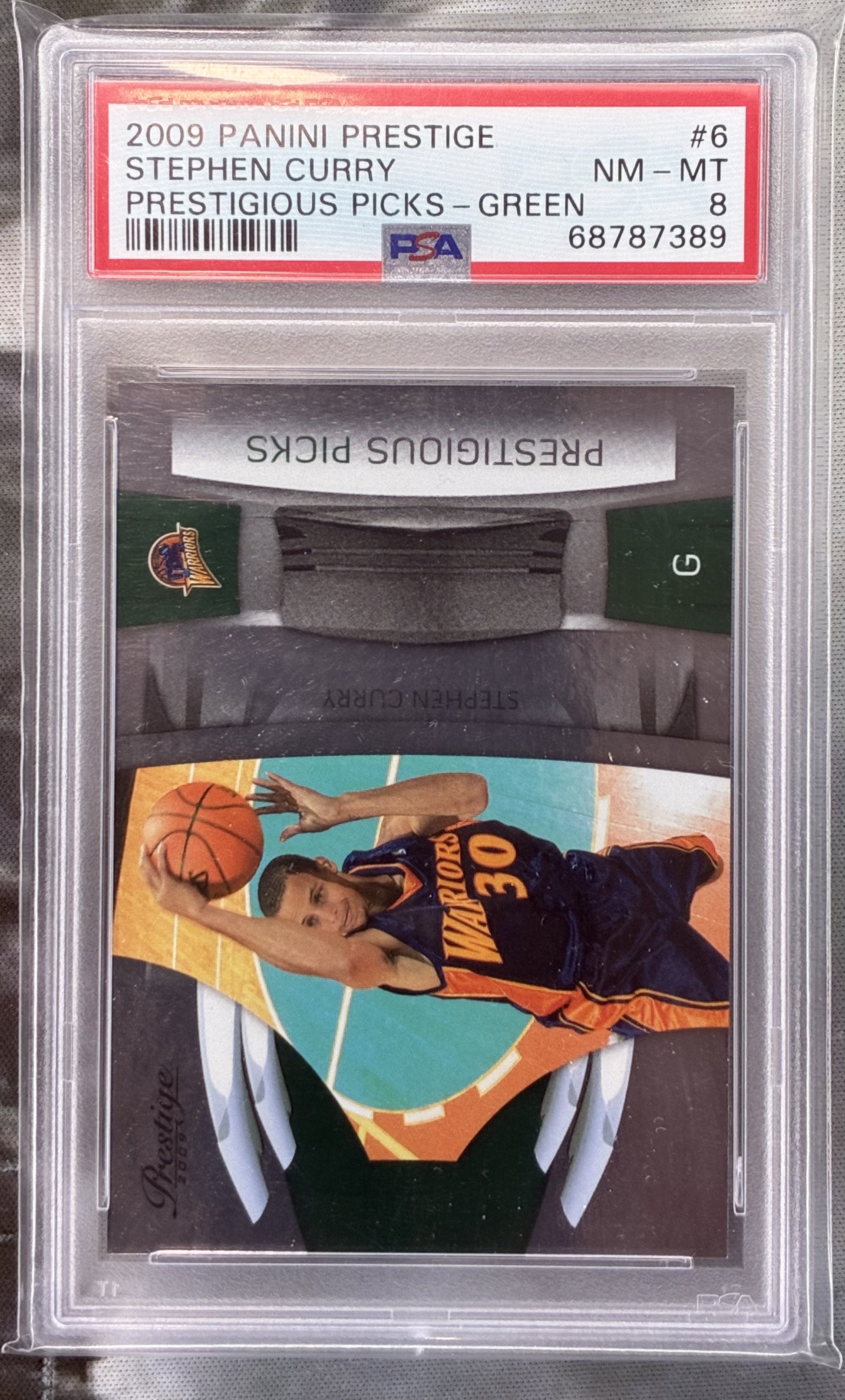 2009-10 Panini Prestige Stephen Curry Green Prestigious Picks /500 Rookie PSA 8
