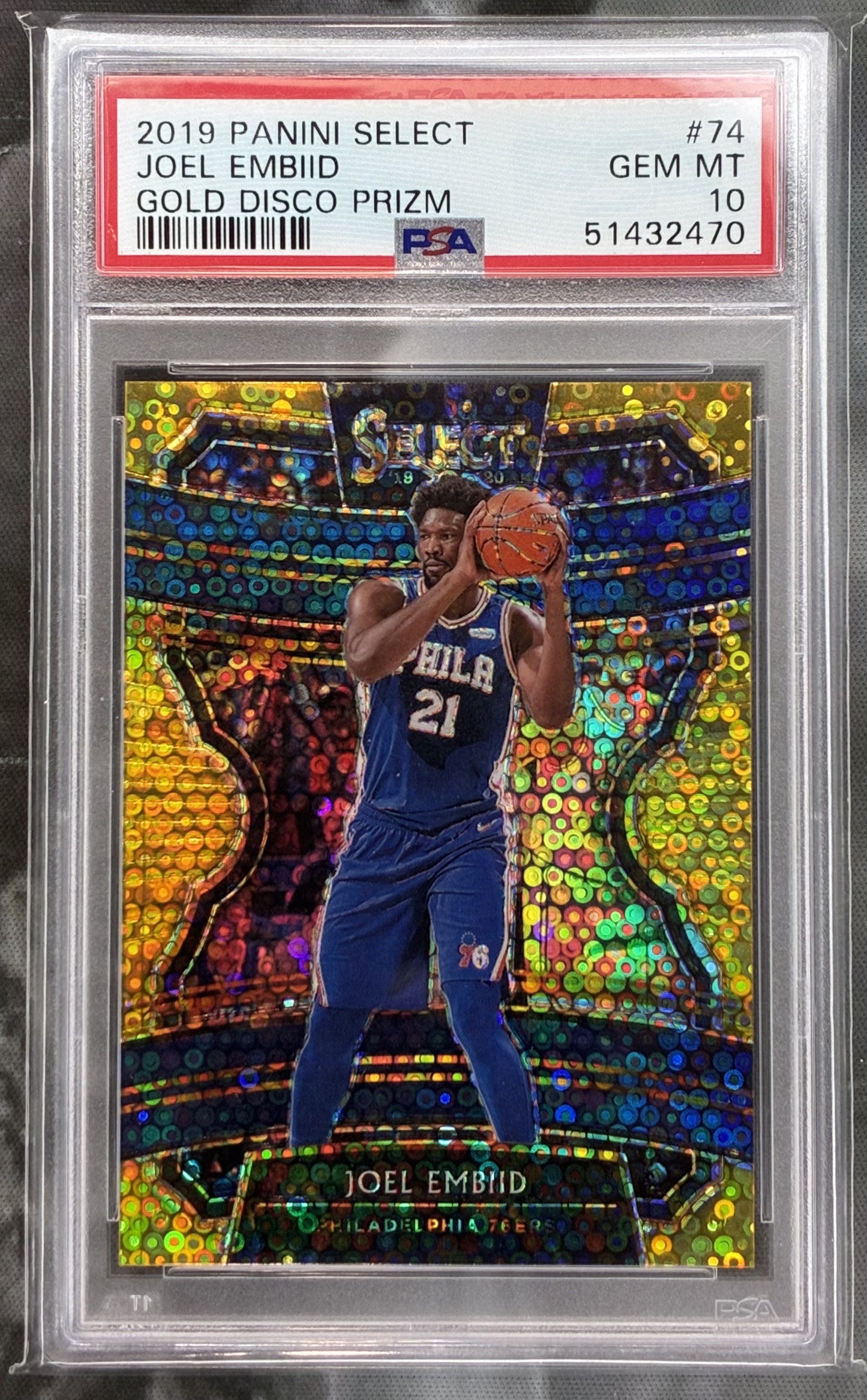 2019-20 Panini Select Joel Embiid Gold Disco Prizm #74 /10 PSA 10