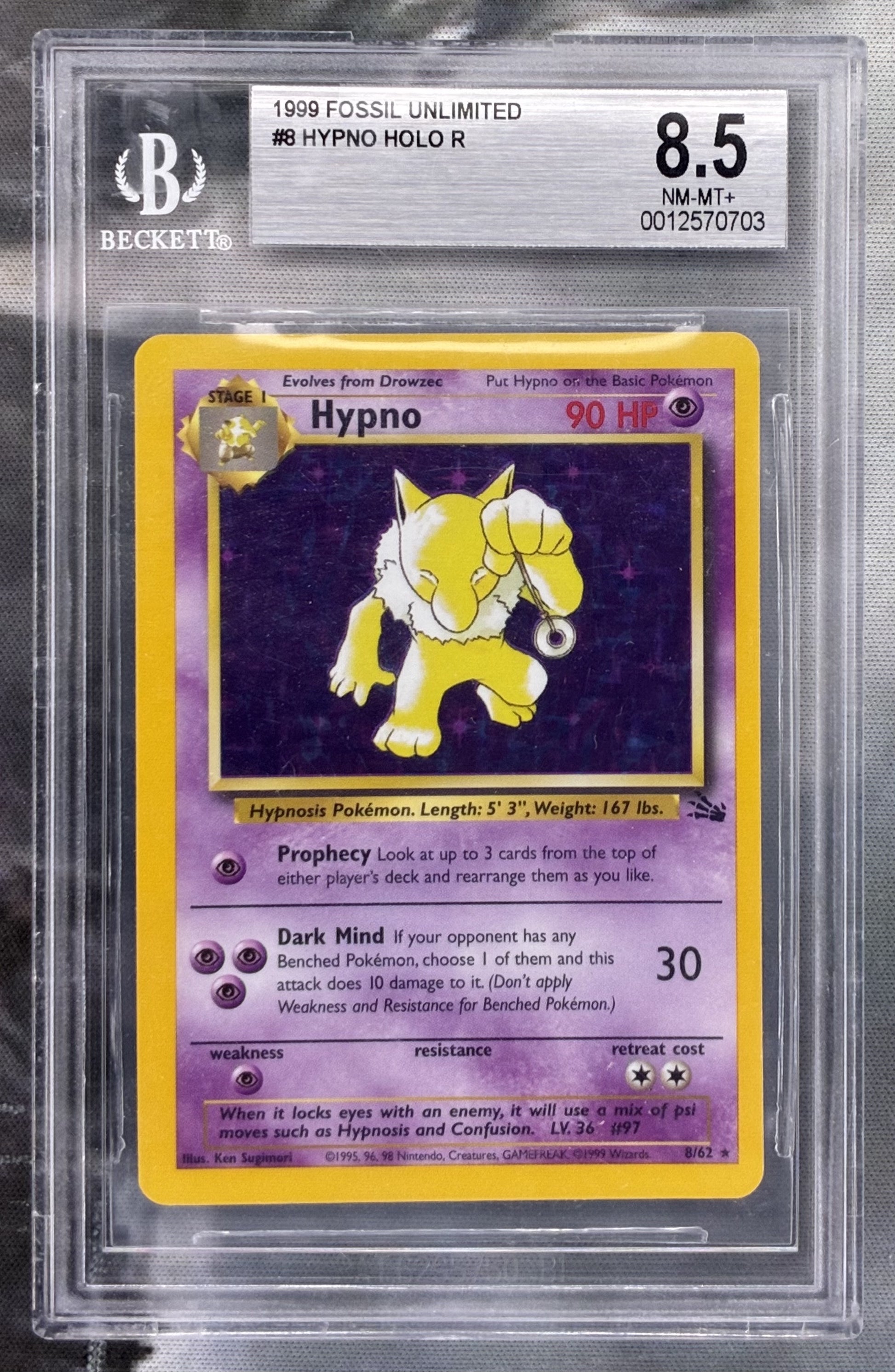 1999 Pokémon Fossil Hypno 8/62 Holo BGS 8.5