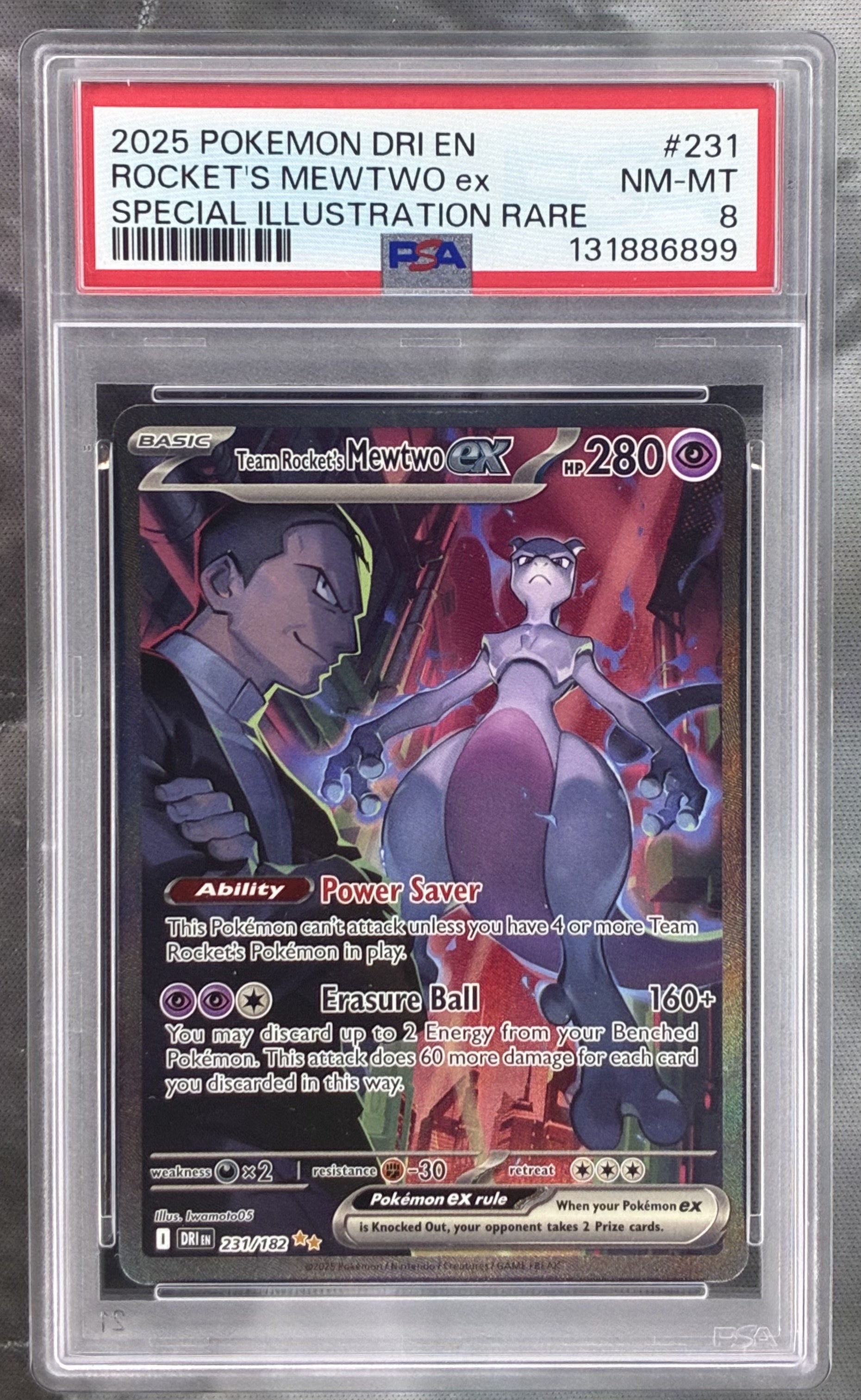 Team Rocket’s Mewtwo EX 231/182 SIR PSA 8 slab from Pokémon Destined Rivals.