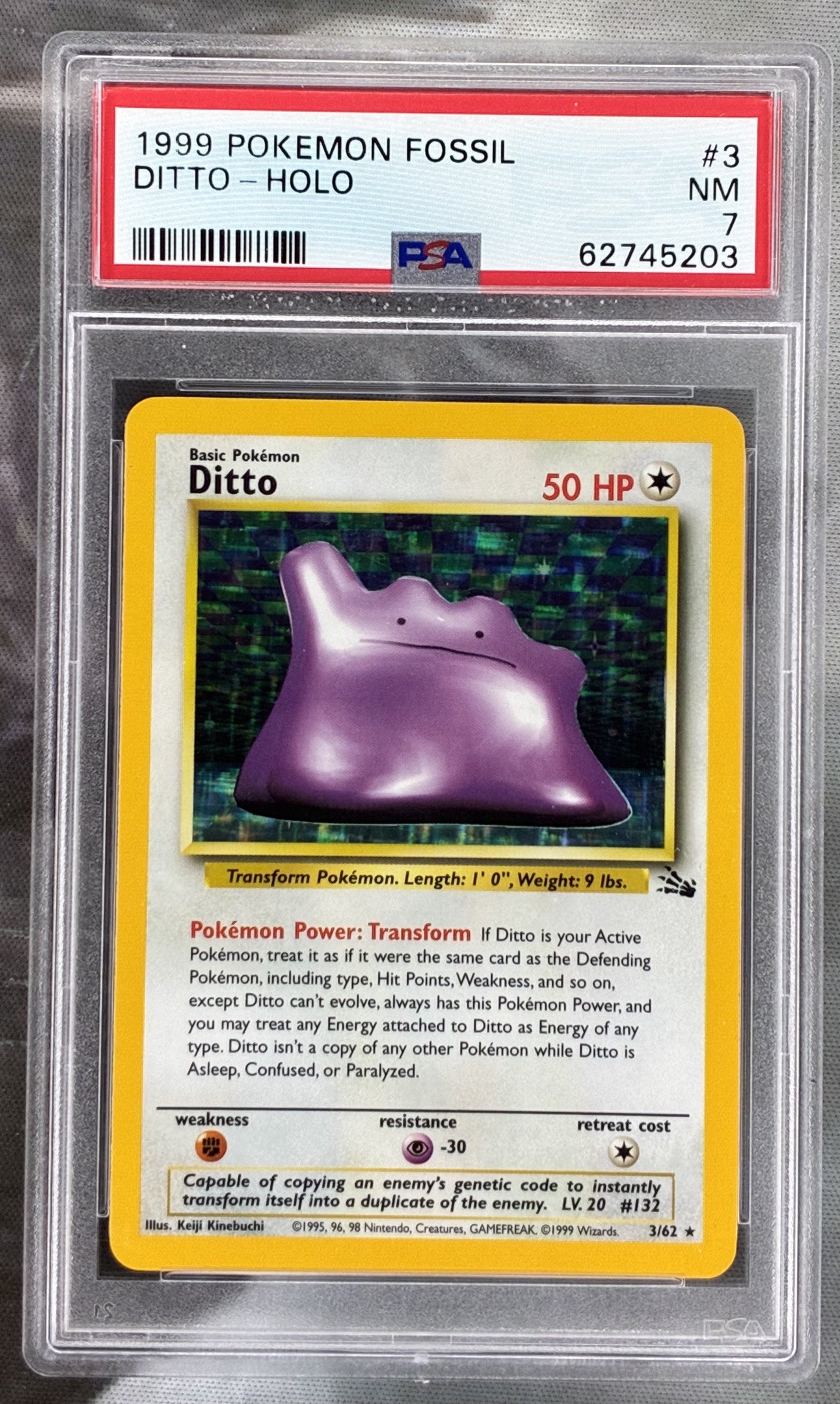 1999 Pokémon Ditto 3 62 Fossil Holo PSA 7