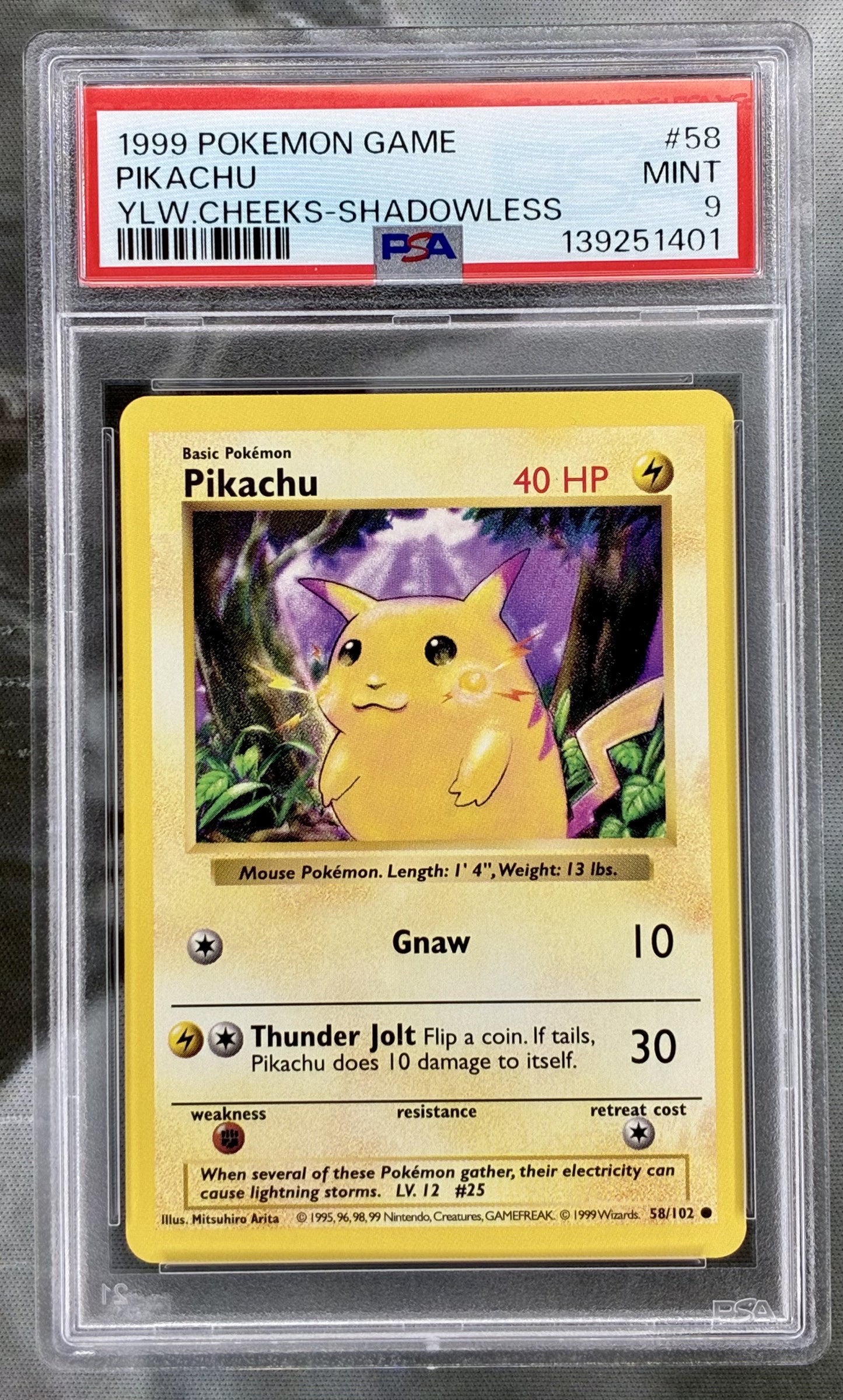 Pokémon Pikachu 58 102 Shadowless Yellow Cheeks Base Set PSA 9 Mint graded card