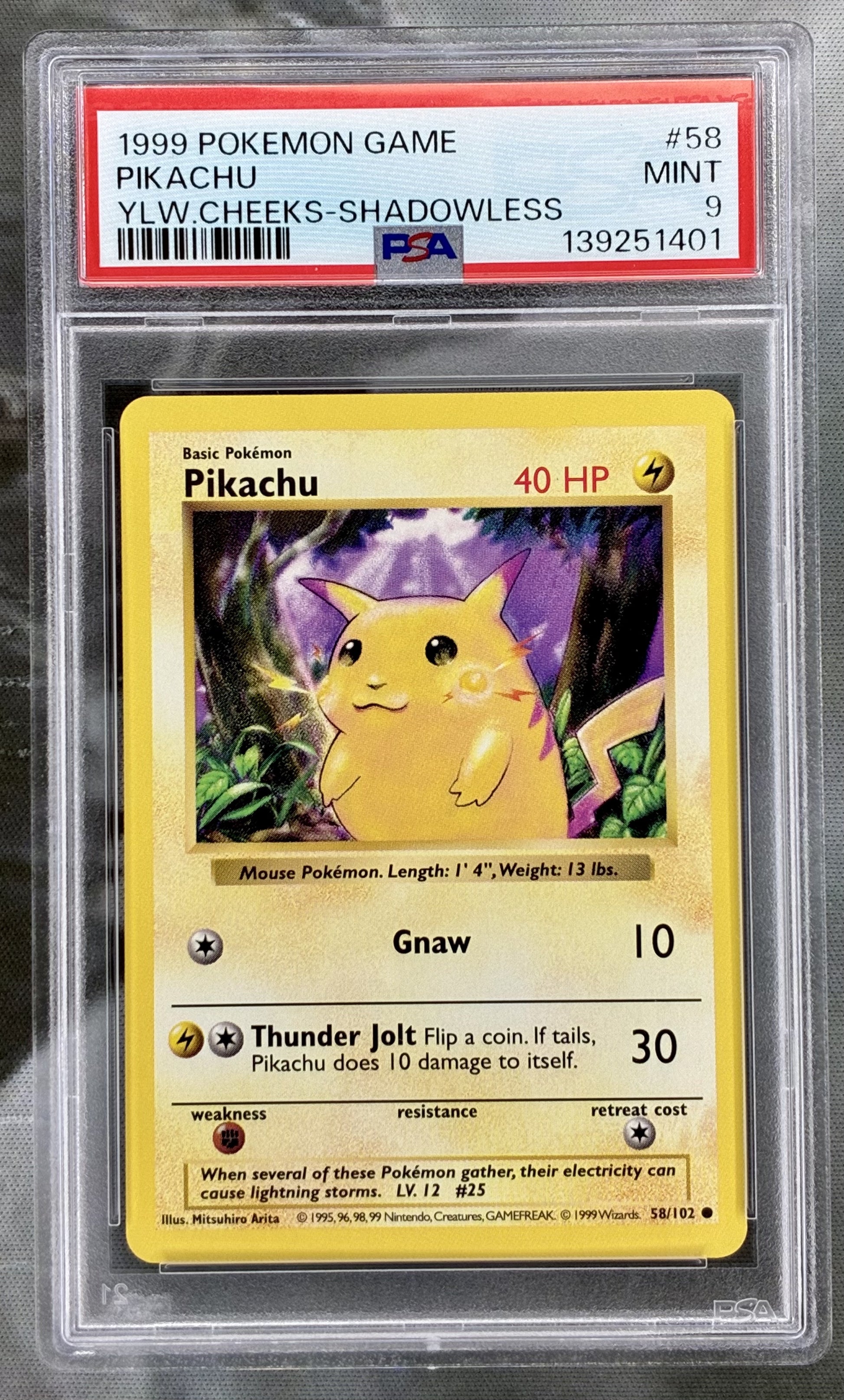 Pokémon Pikachu 58 102 Shadowless Yellow Cheeks Base Set PSA 9 Mint graded card