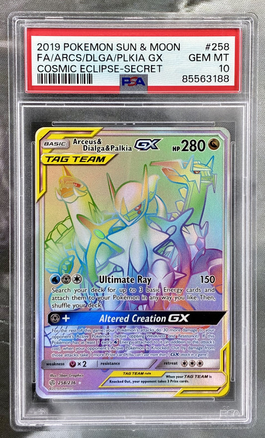 Pokémon Arceus & Dialga & Palkia GX 258/236 Cosmic Eclipse PSA 10
